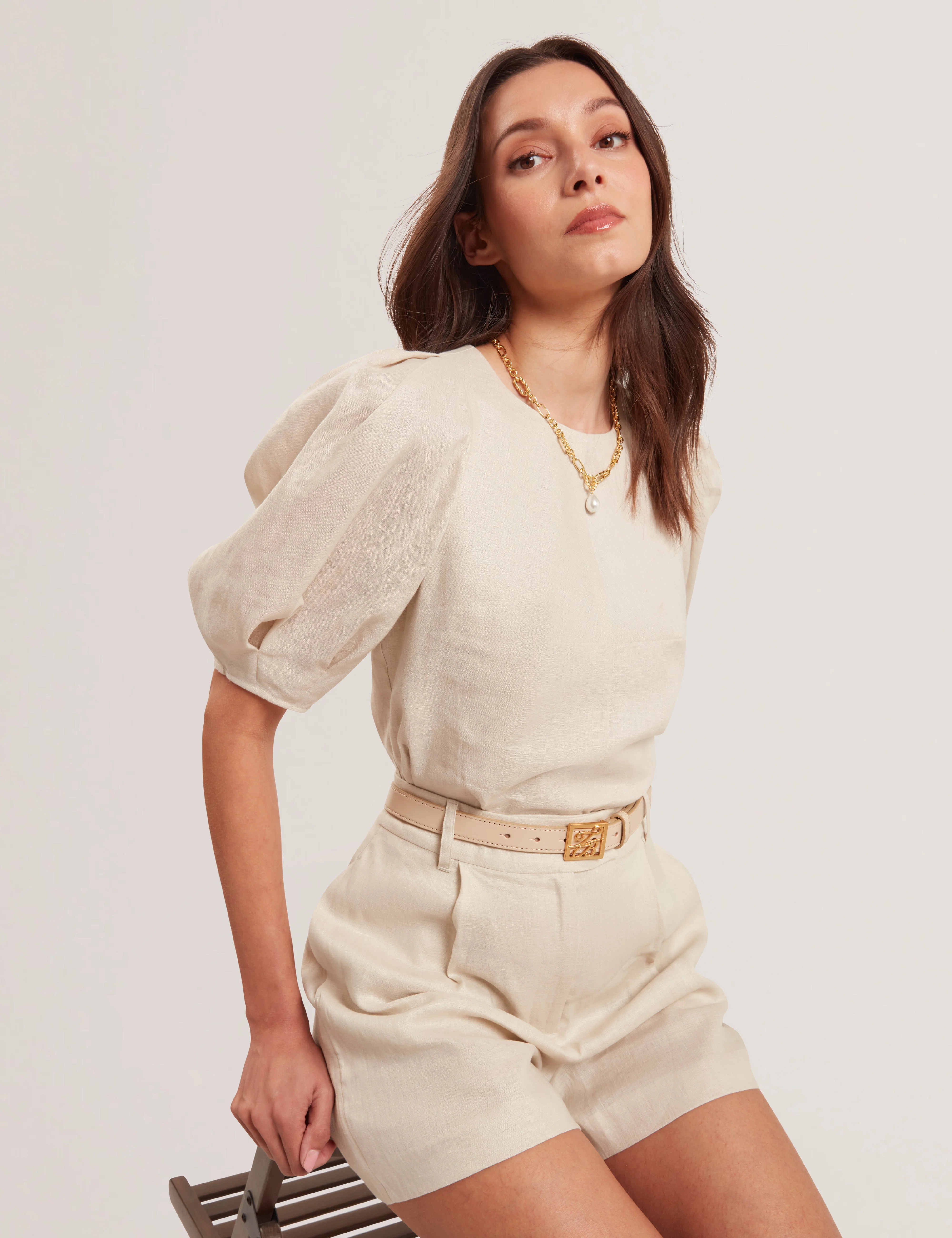 Limarie Linen Puff Sleeve Straight Top Natural - Image 3