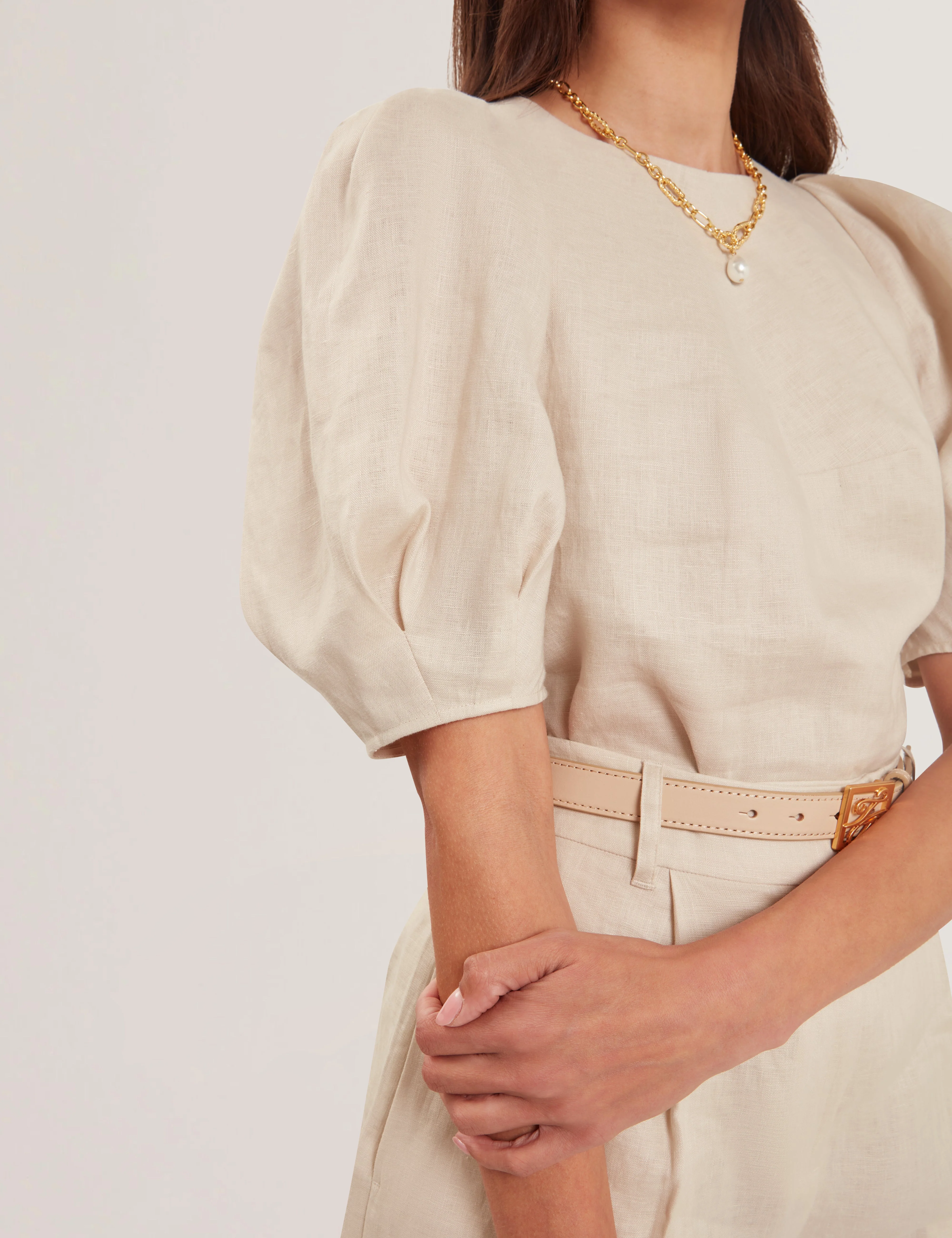 Limarie Linen Puff Sleeve Straight Top Natural - Image 5
