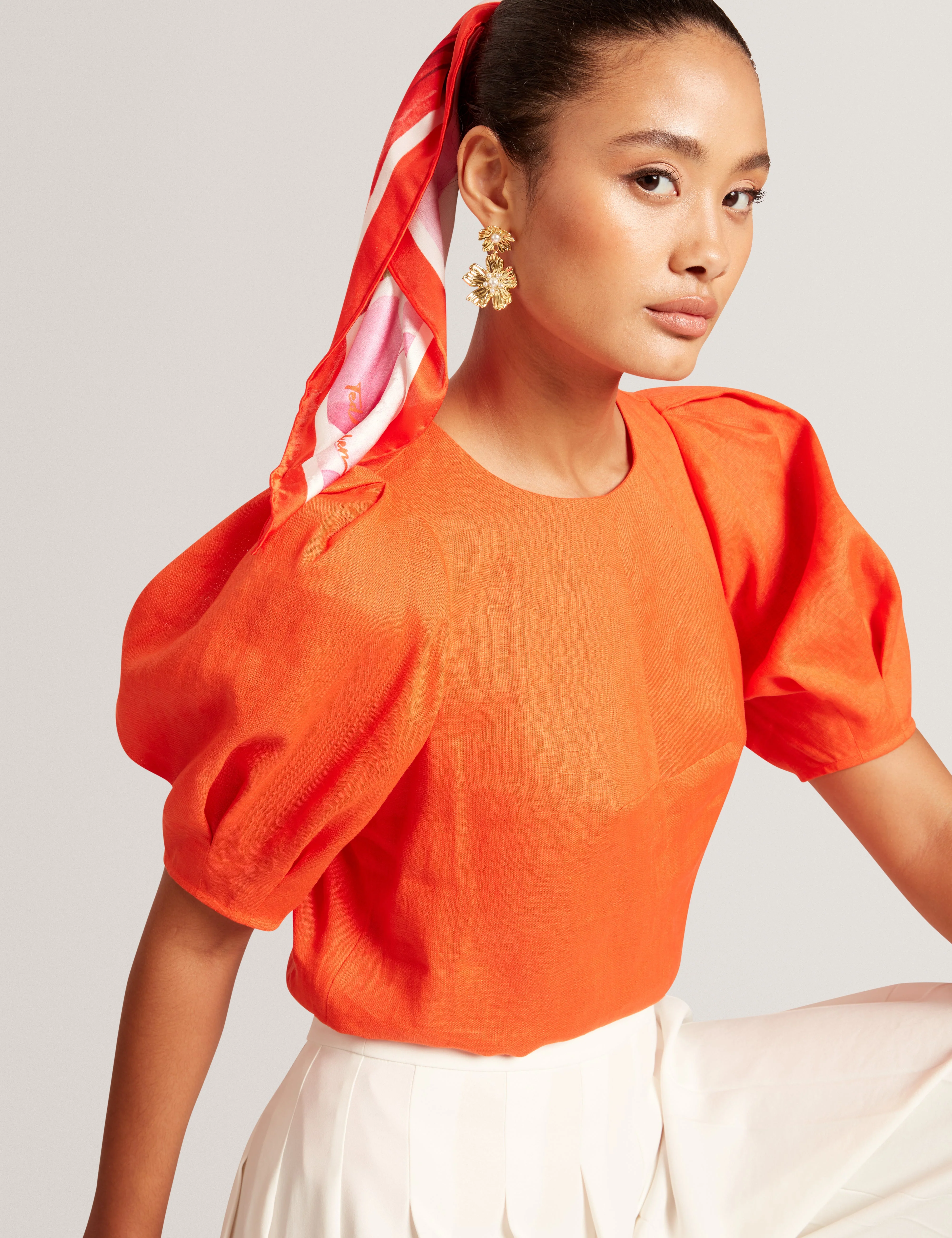 Limarie Linen Puff Sleeve Straight Top Orange - Image 2