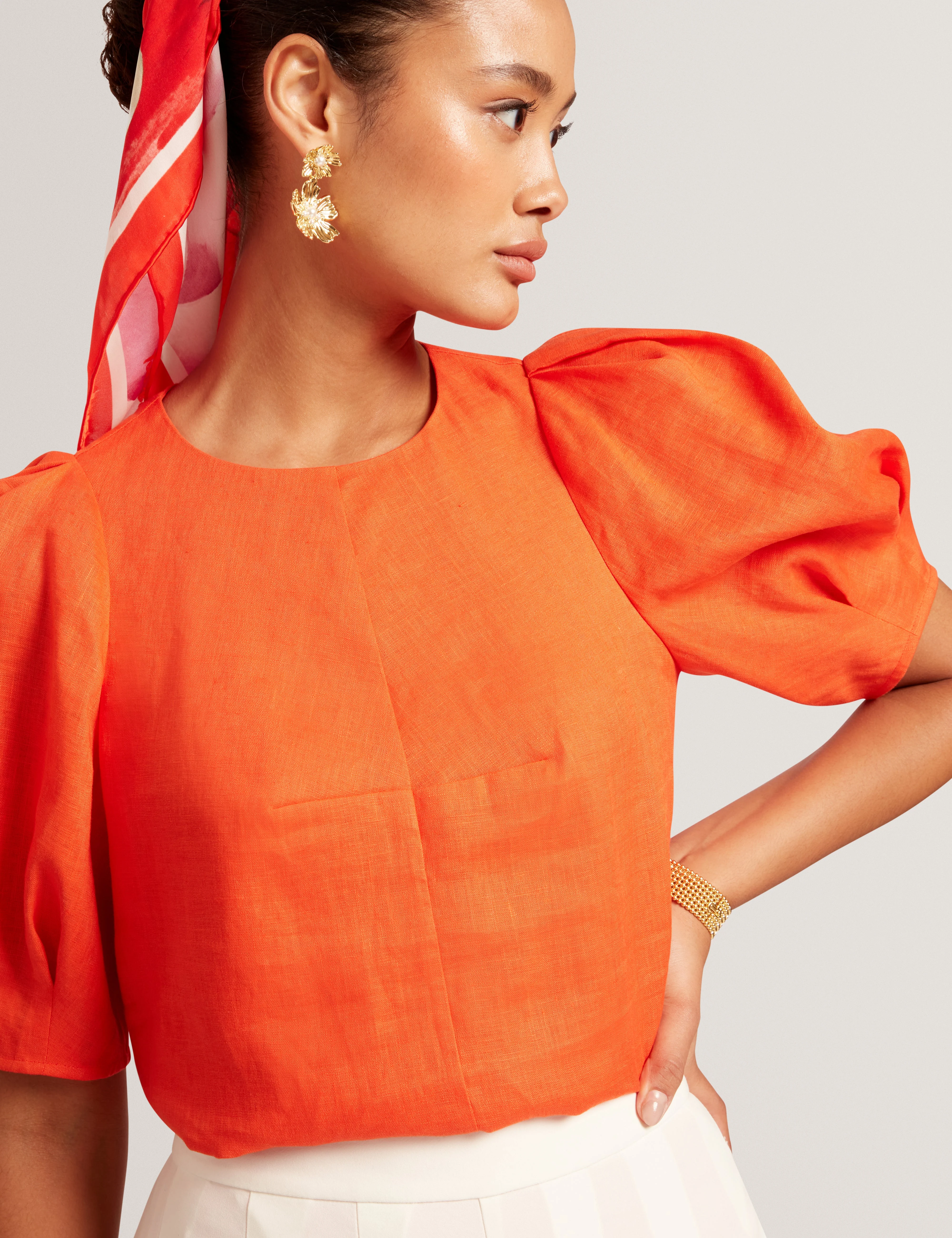 Limarie Linen Puff Sleeve Straight Top Orange - Image 3