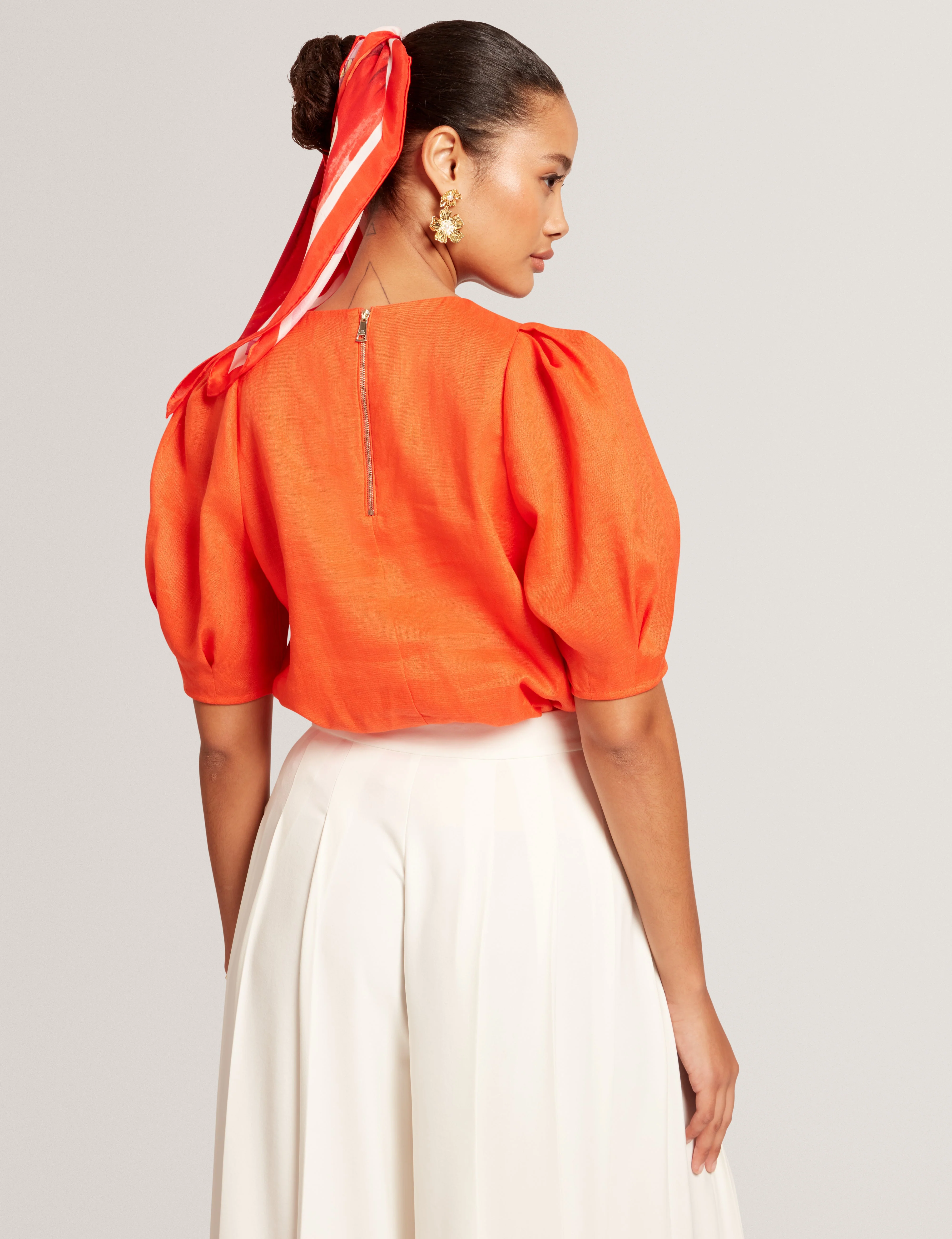 Limarie Linen Puff Sleeve Straight Top Orange - Image 4