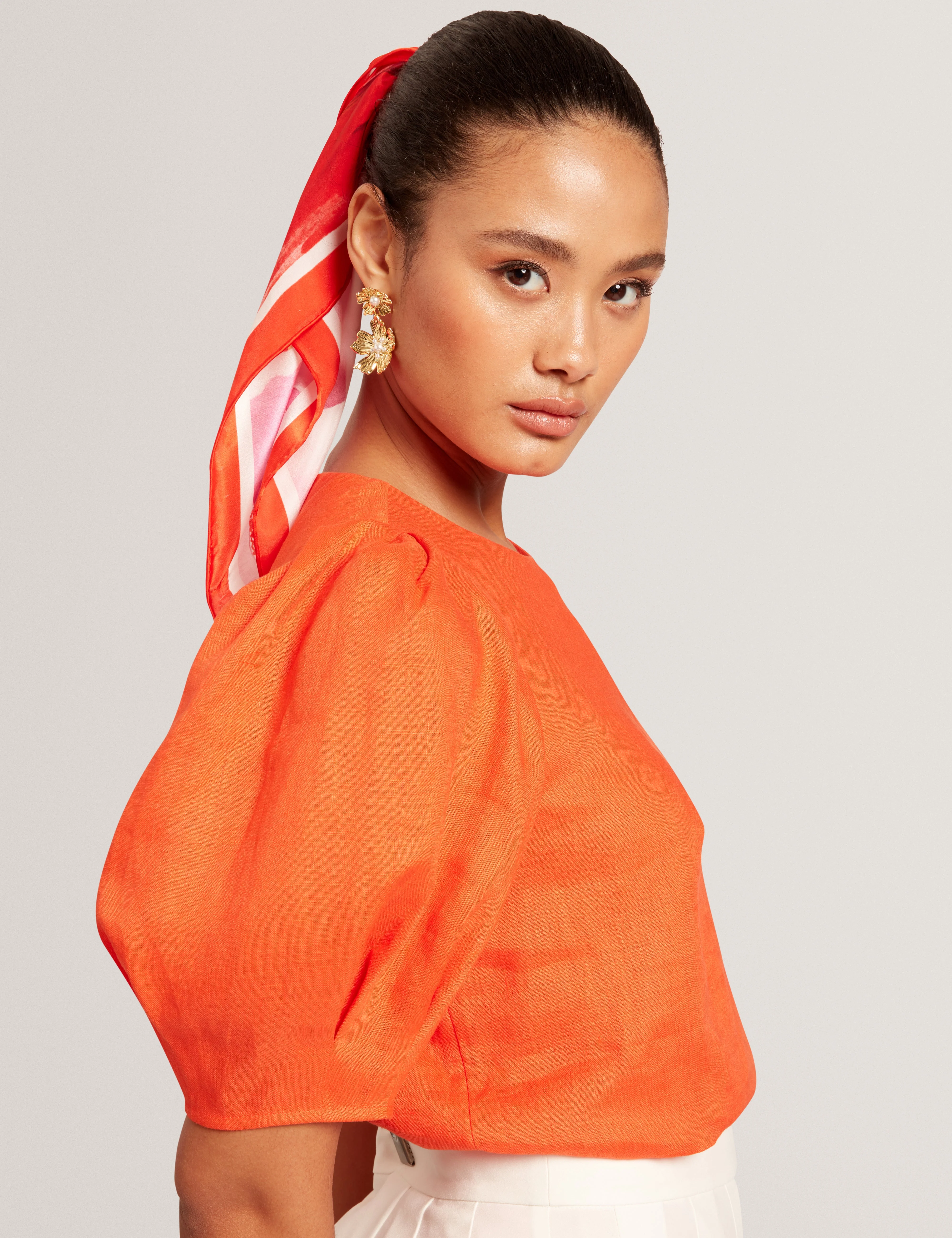 Limarie Linen Puff Sleeve Straight Top Orange - Image 5