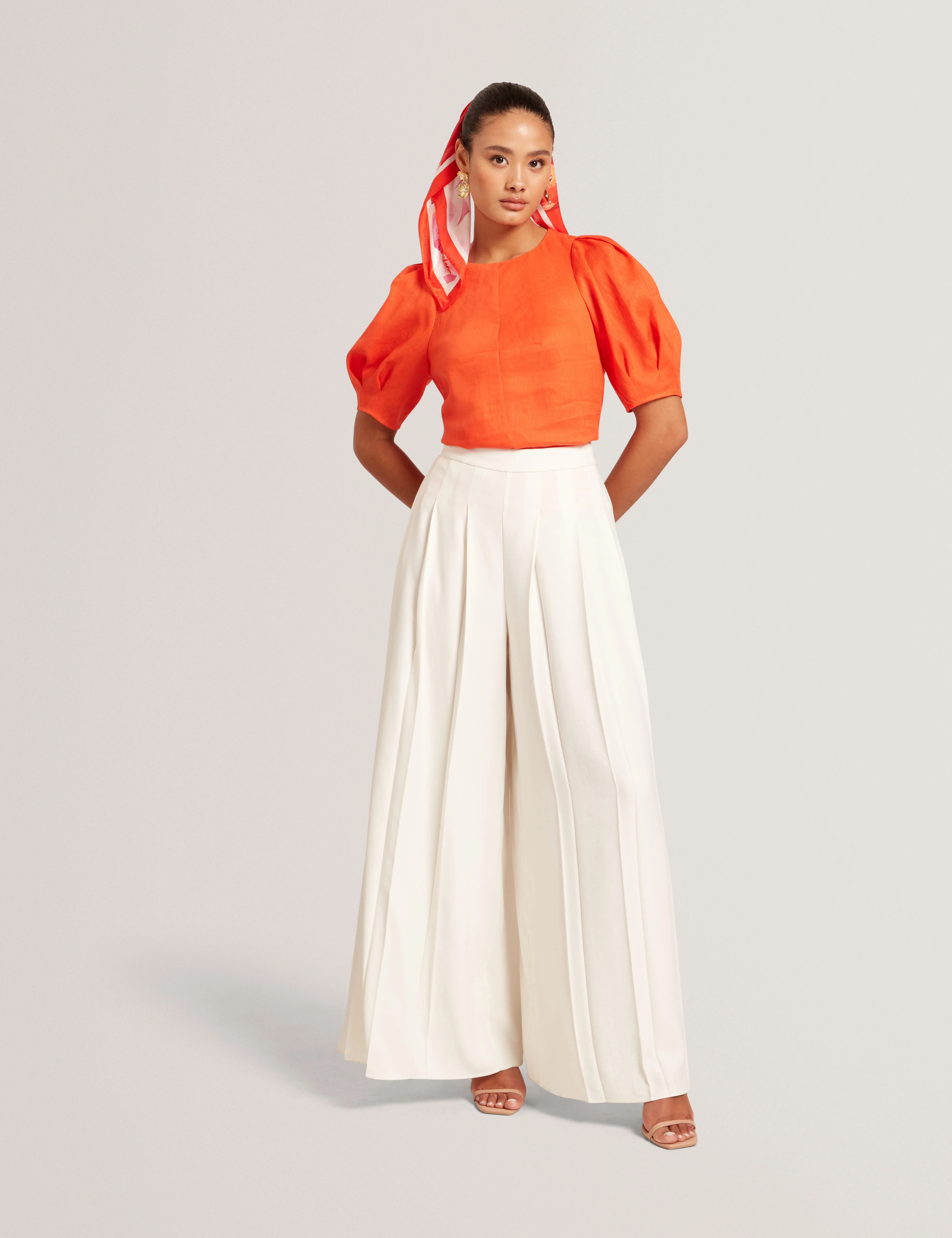 Limarie Linen Puff Sleeve Straight Top Orange - Image 7