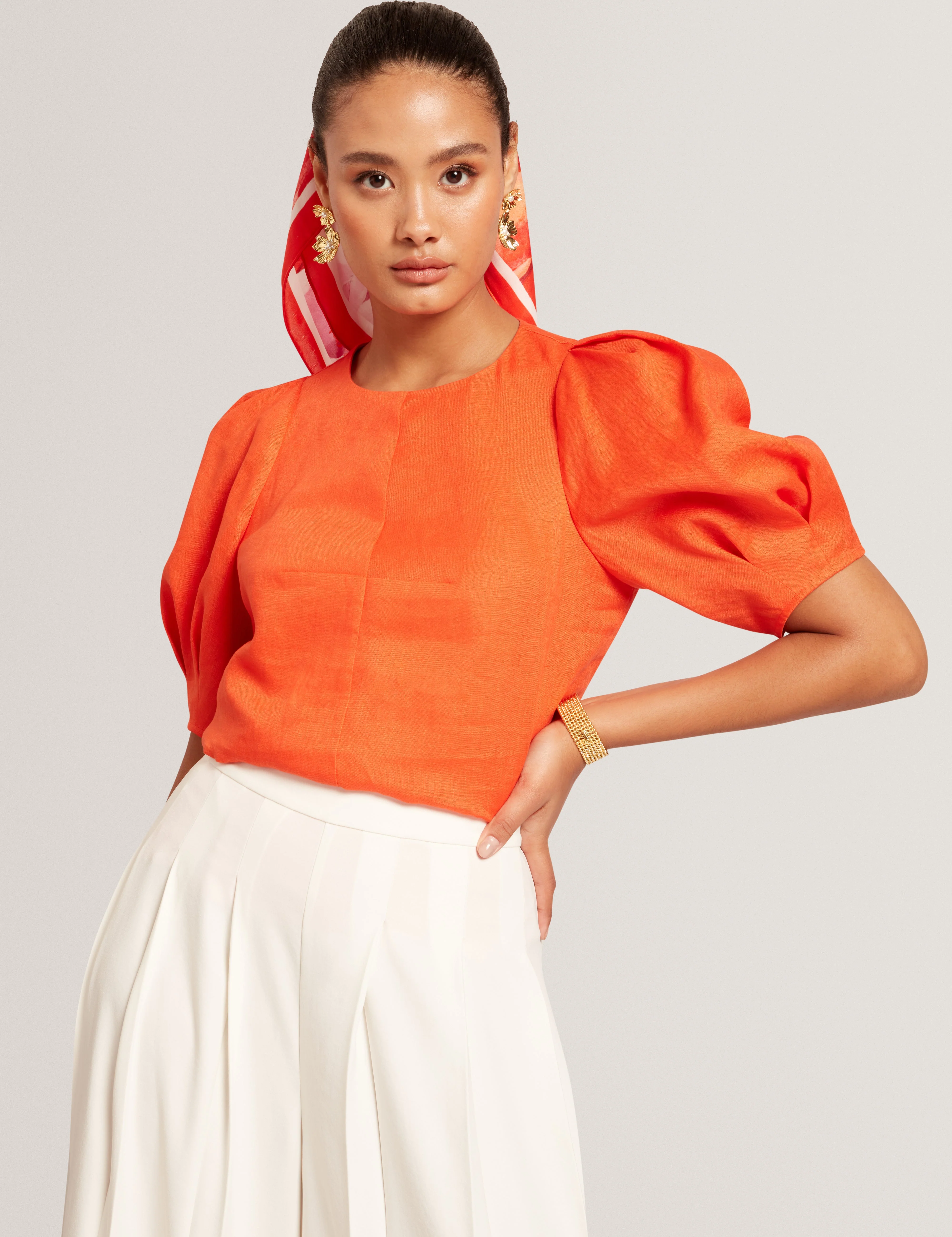 Limarie Linen Puff Sleeve Straight Top Orange - Image 8