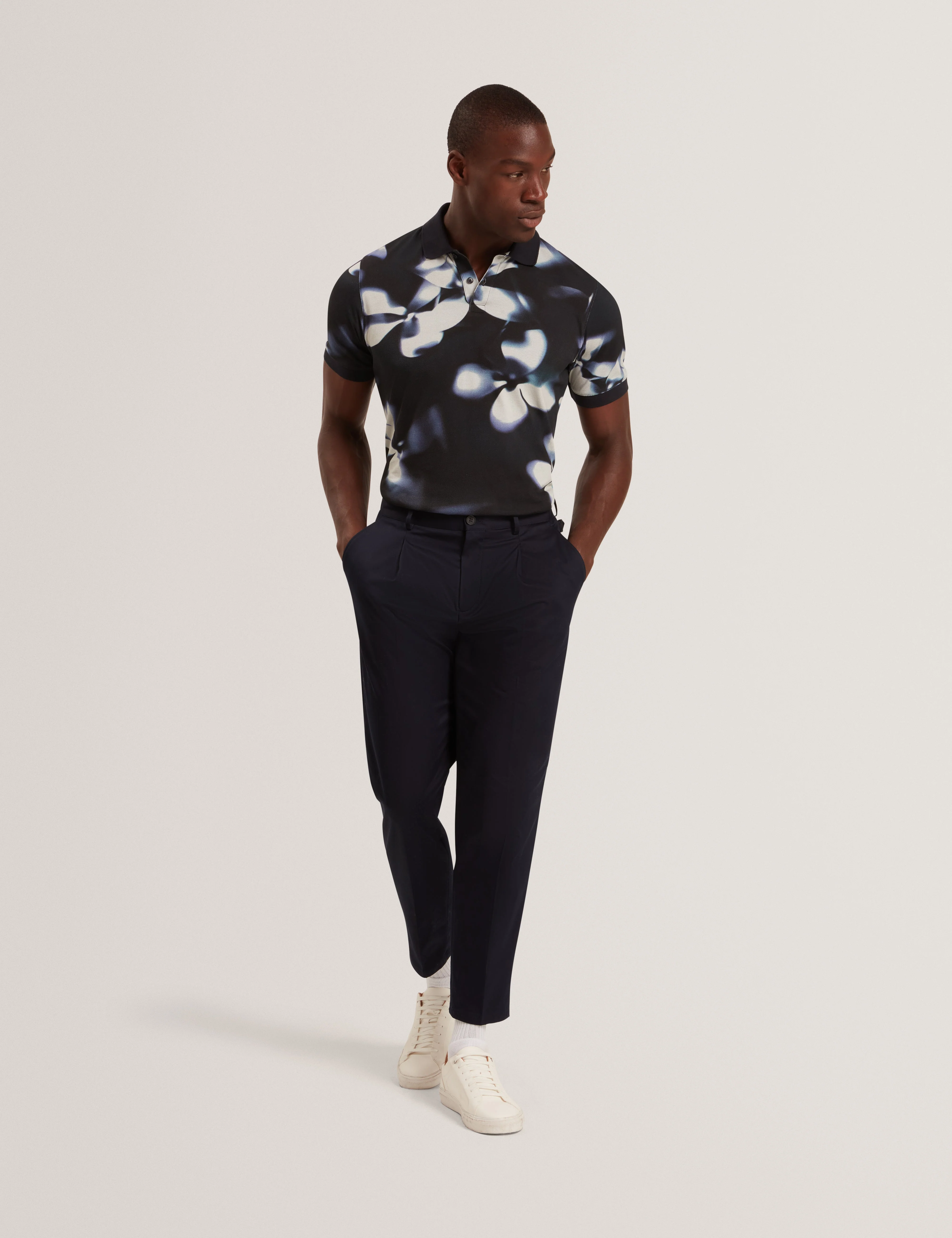 Longbri Short Sleeve Floral Print Polo Navy - Image 2