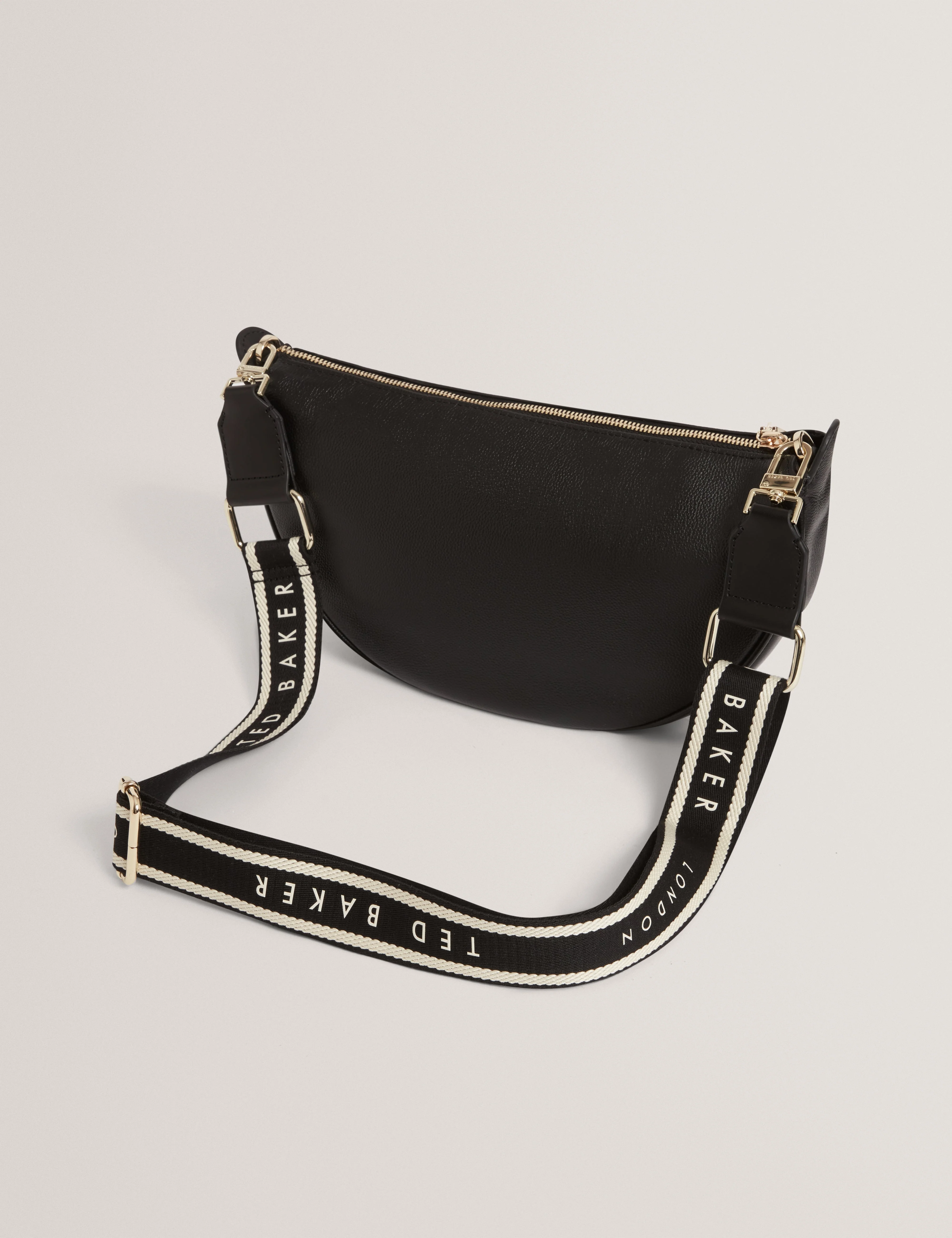 Lorreen Webbing Leather Half Moon Crossbody Bag Black - Image 3