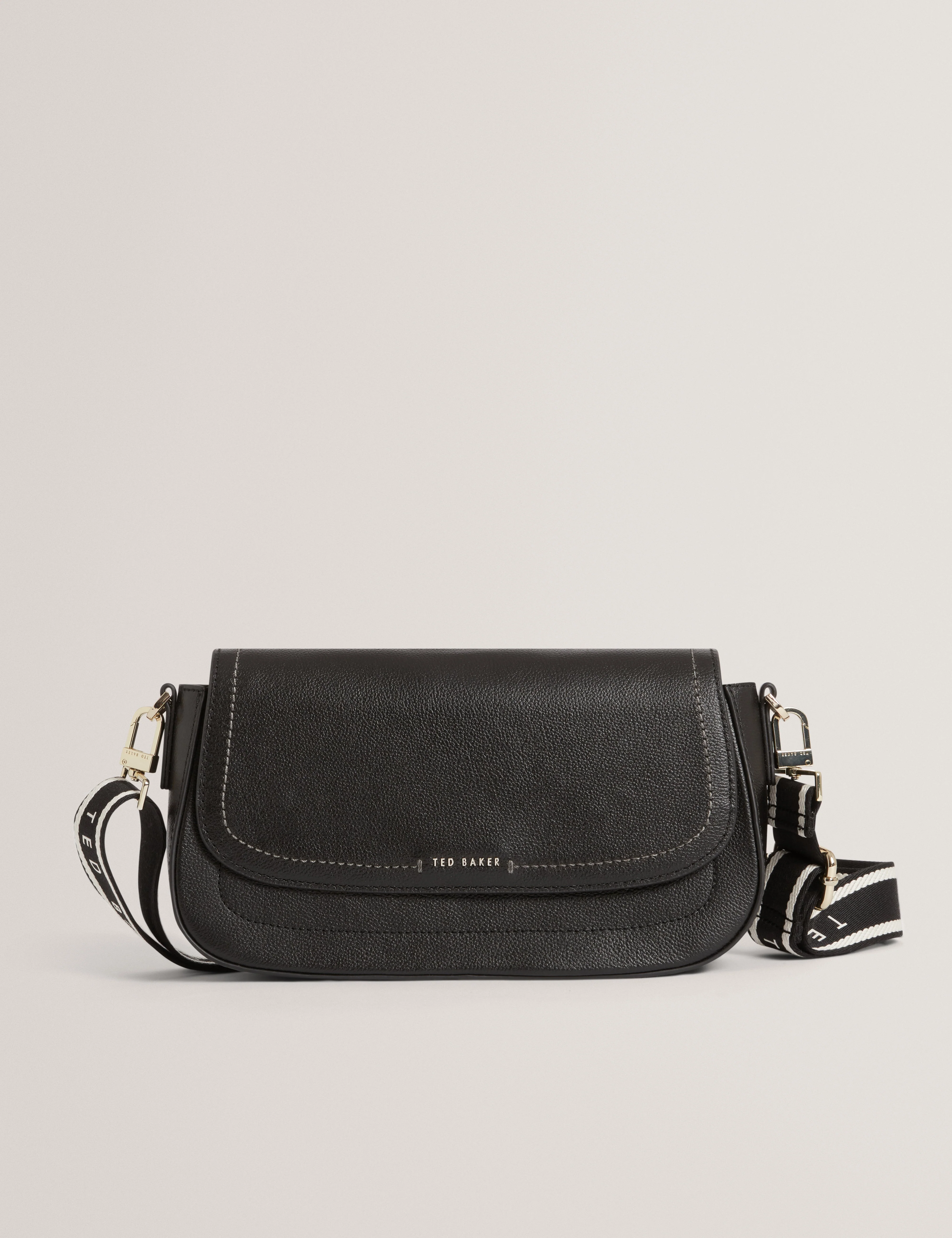 Louiize Webbing Leather Flapover Crossbody Bag Black