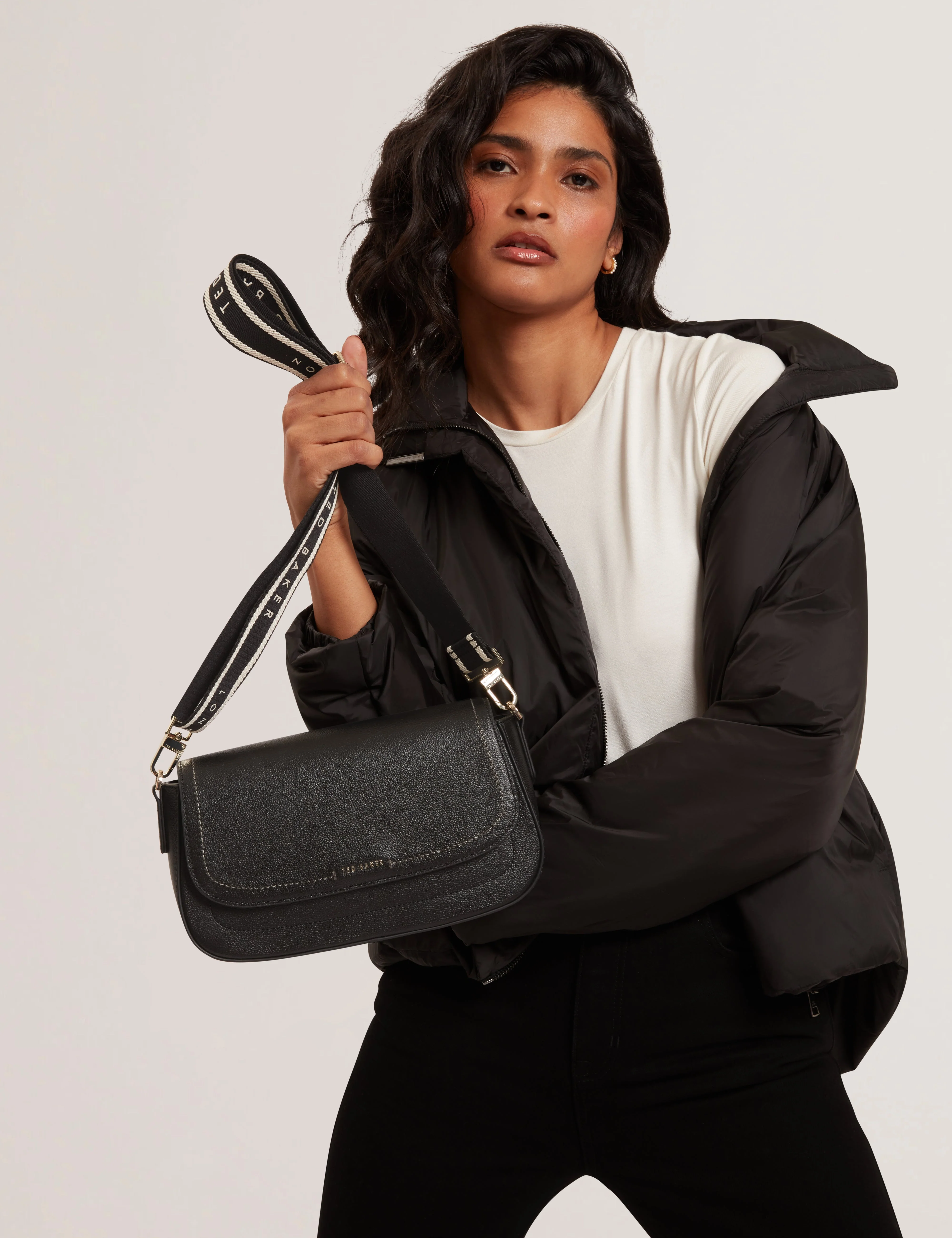 Louiize Webbing Leather Flapover Crossbody Bag Black - Image 2