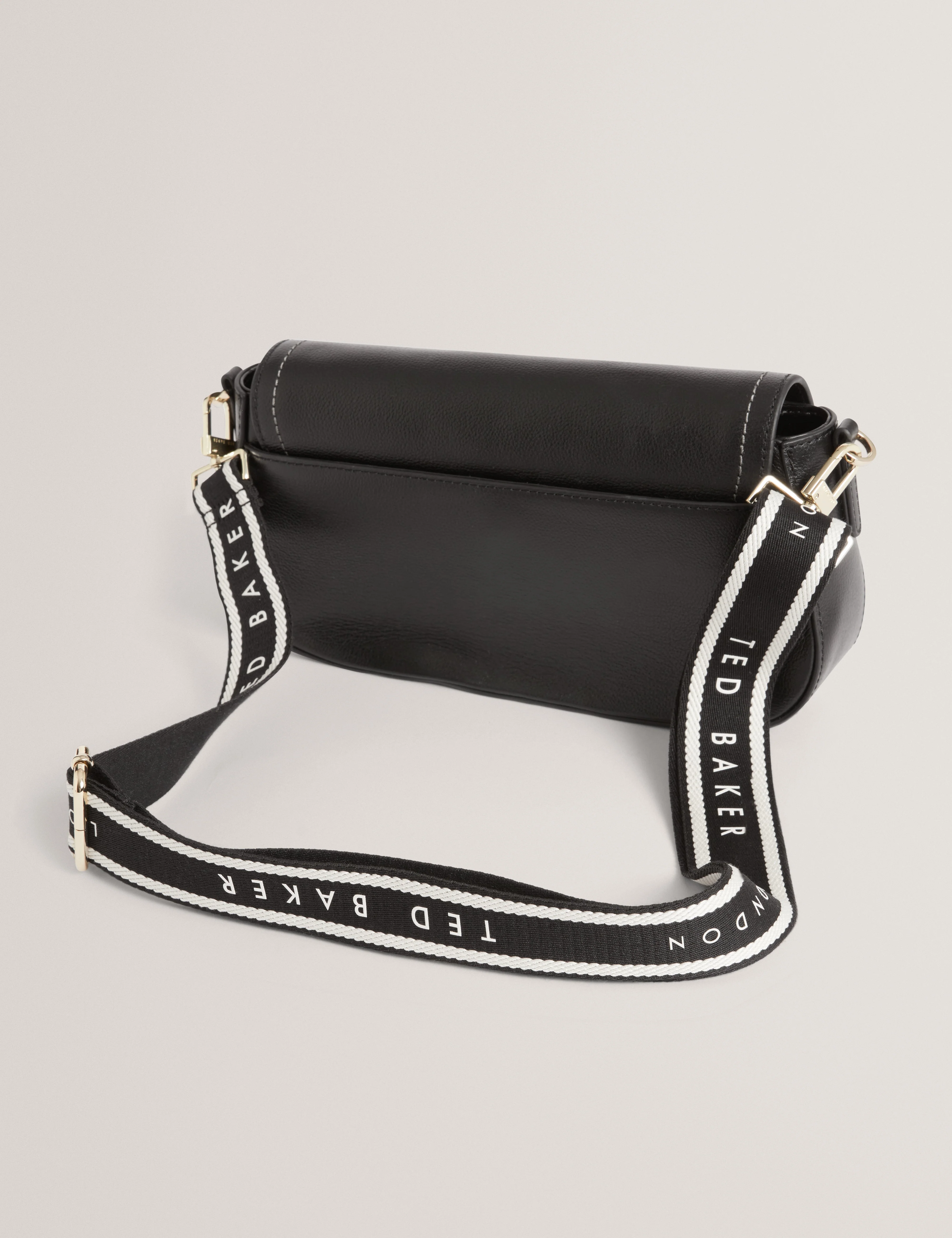Louiize Webbing Leather Flapover Crossbody Bag Black - Image 4