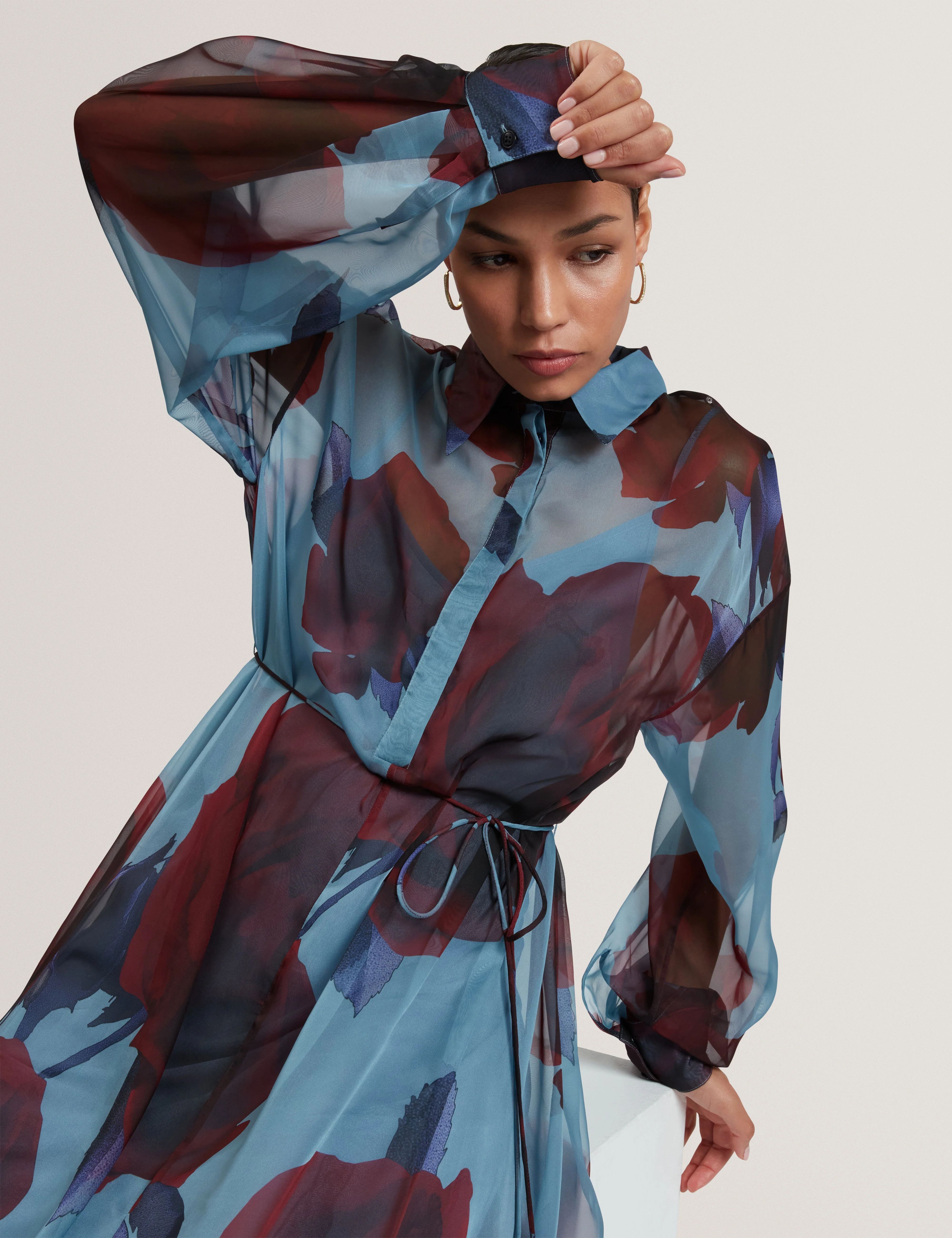 Marrnie Printed Bib Detail Maxi Shirt Dress Lt-Blue - Image 6