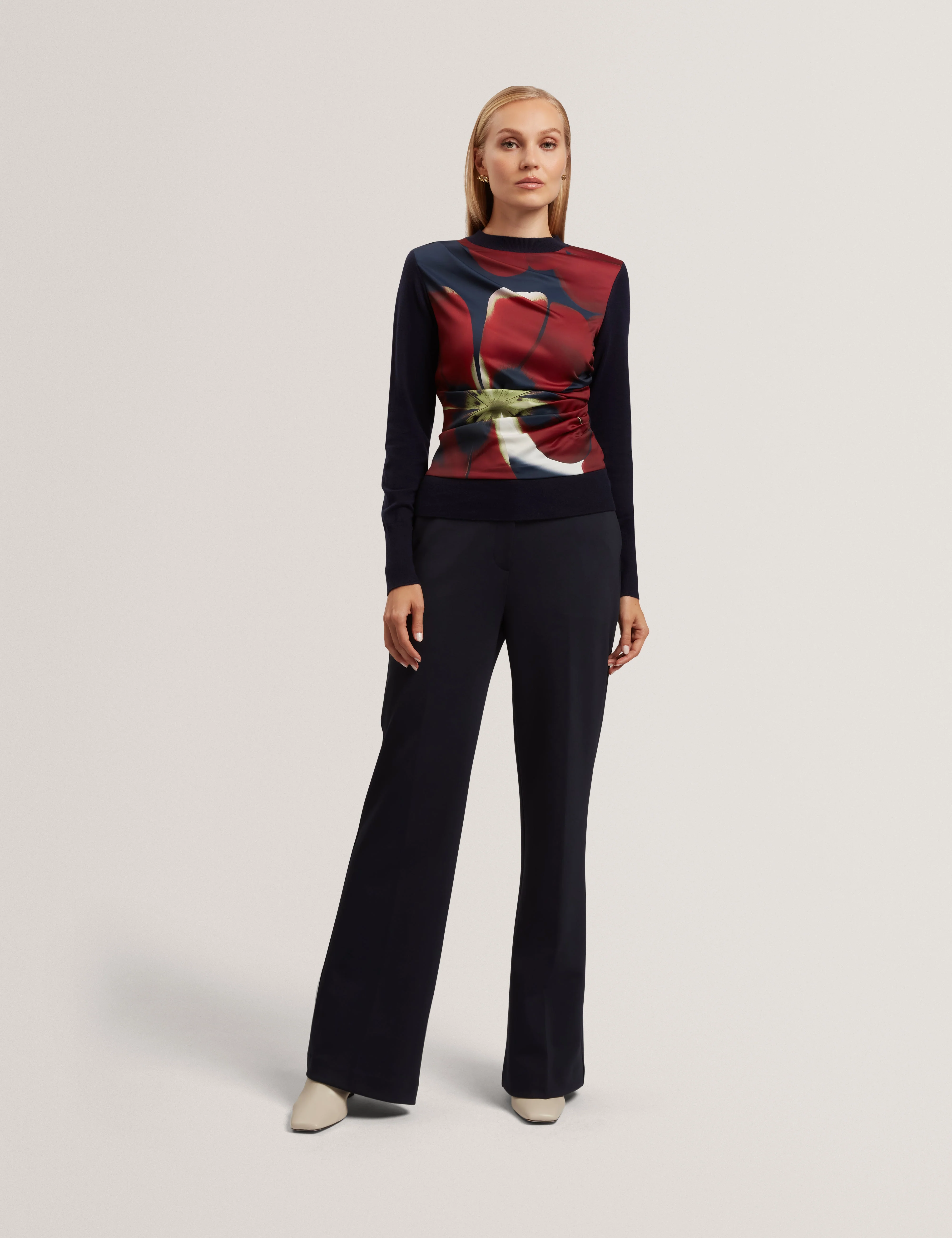 Mawie Printed Draped Front Knitted Top Navy - Image 2