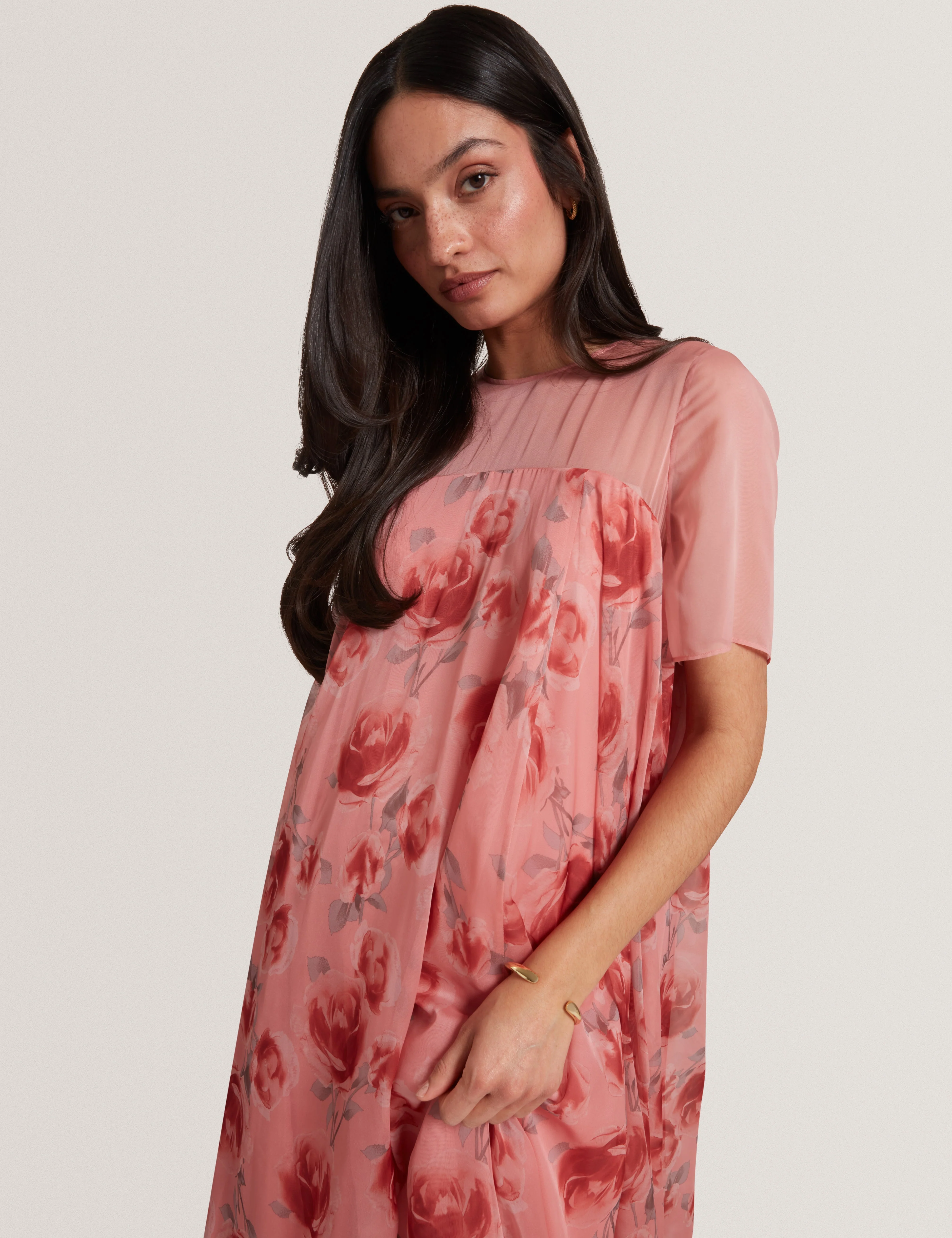 Meeza Printed Sheer Cap Sleeve Maxi Dress Coral - Image 2