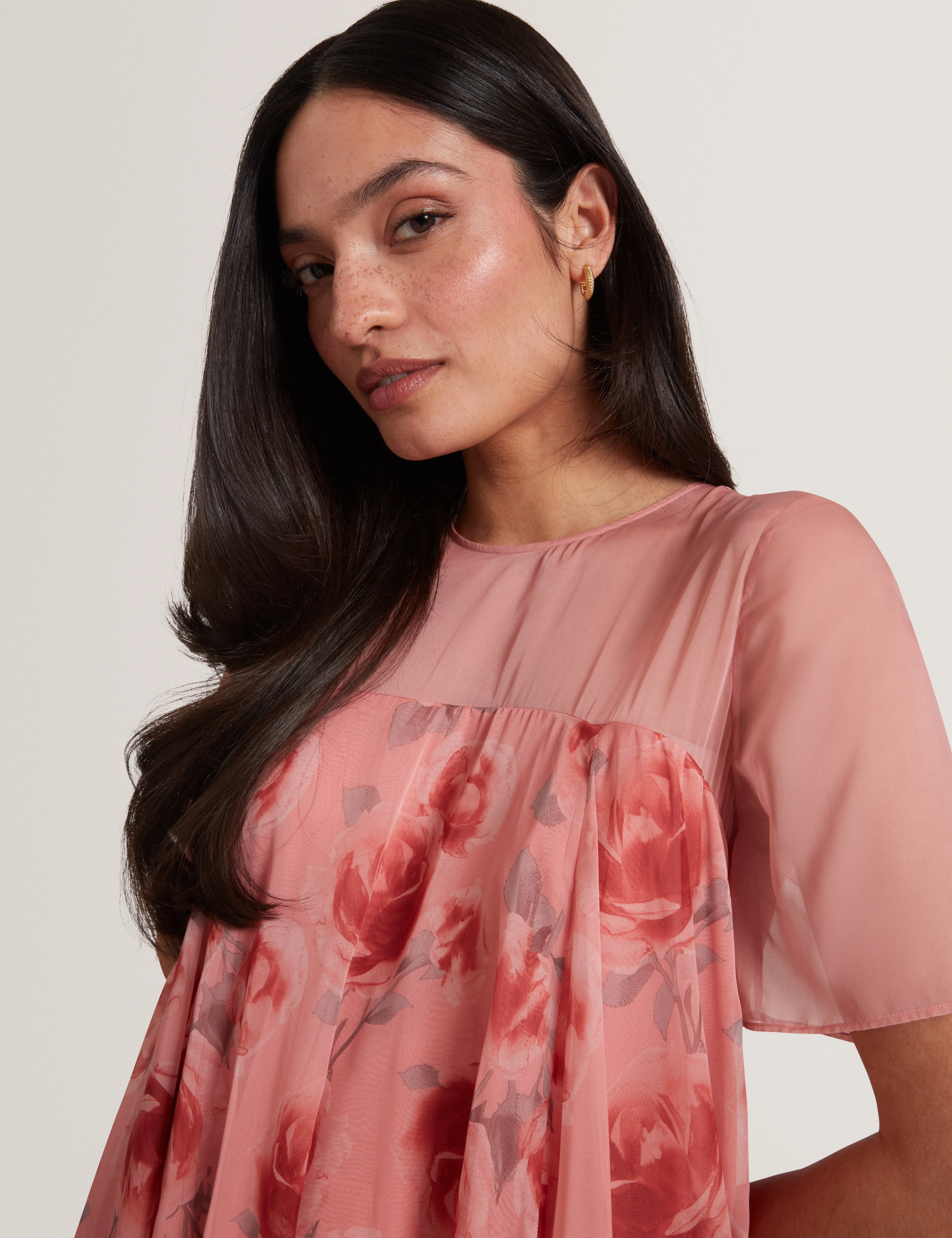 Meeza Printed Sheer Cap Sleeve Maxi Dress Coral - Image 4