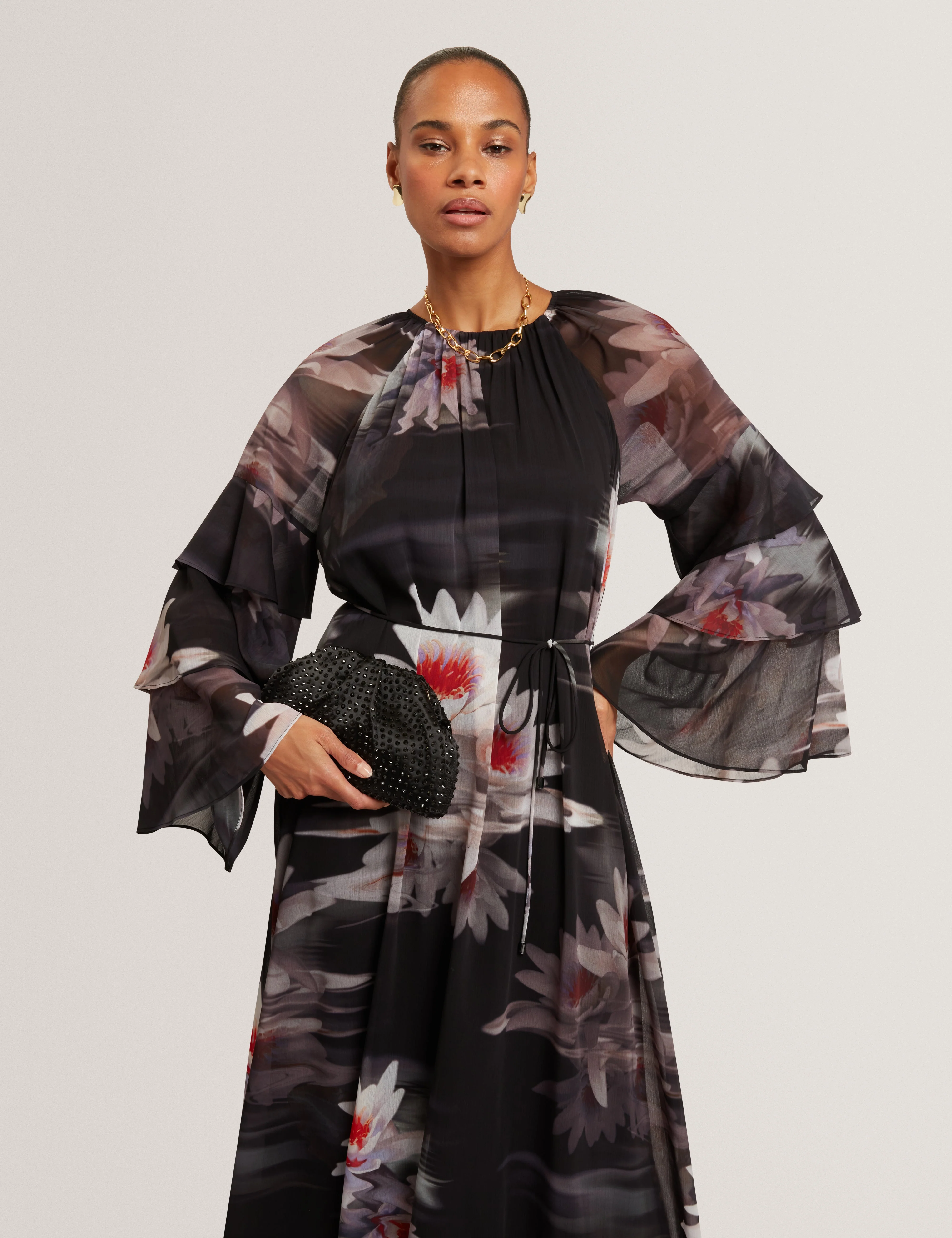 Moliia Ruffled Long Sleeve Printed Maxi Dress Black - Image 2