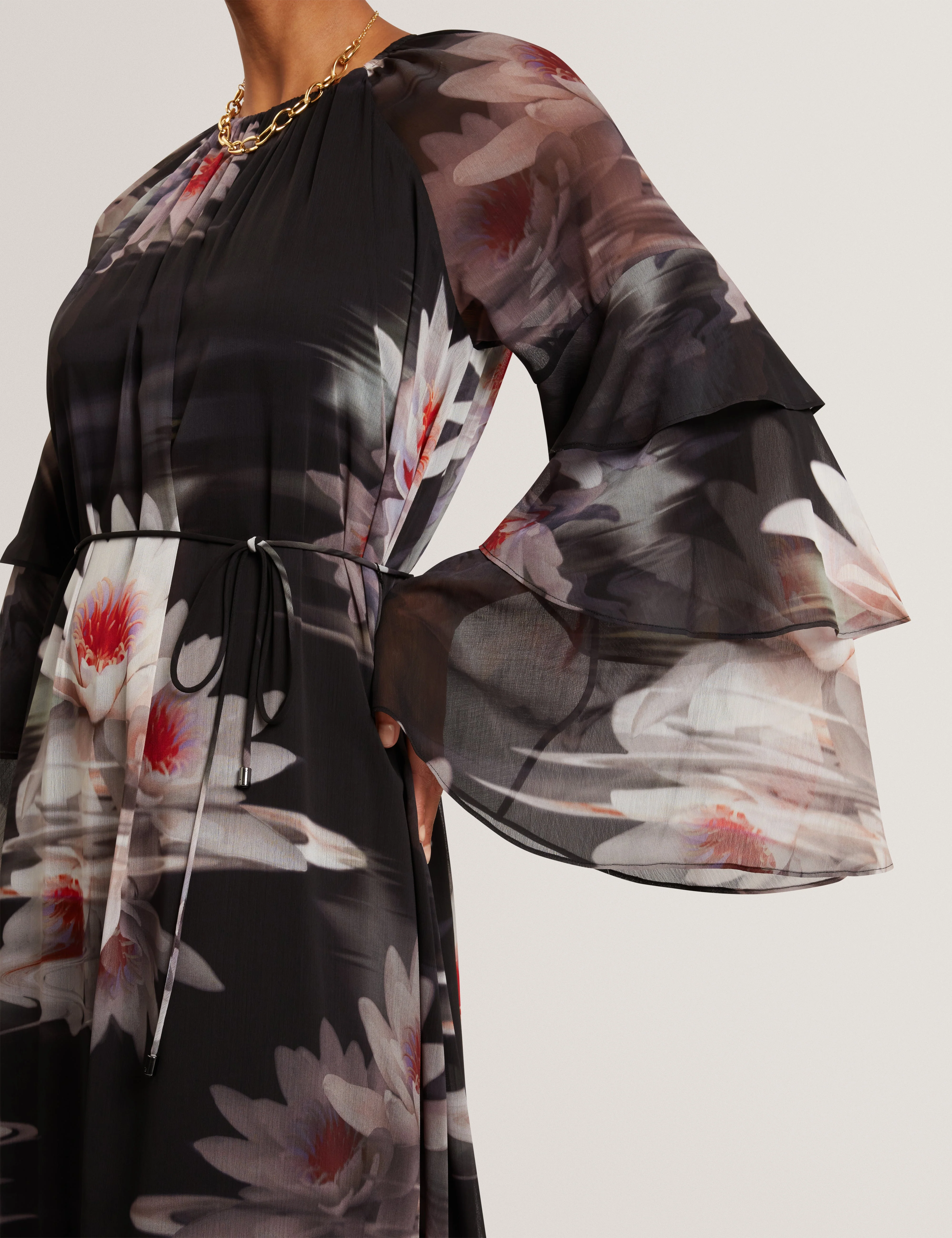 Moliia Ruffled Long Sleeve Printed Maxi Dress Black - Image 4