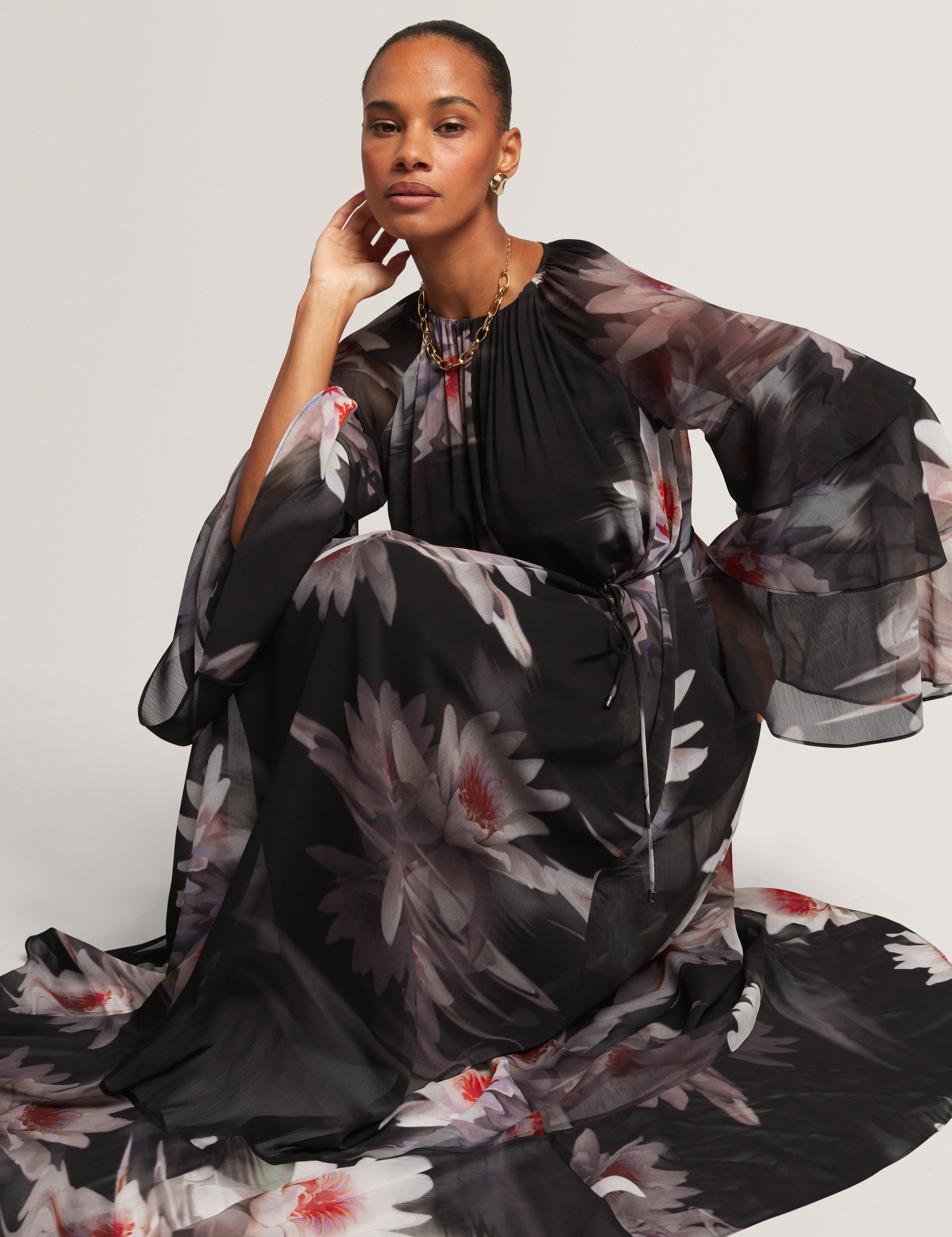 Moliia Ruffled Long Sleeve Printed Maxi Dress Black - Image 6