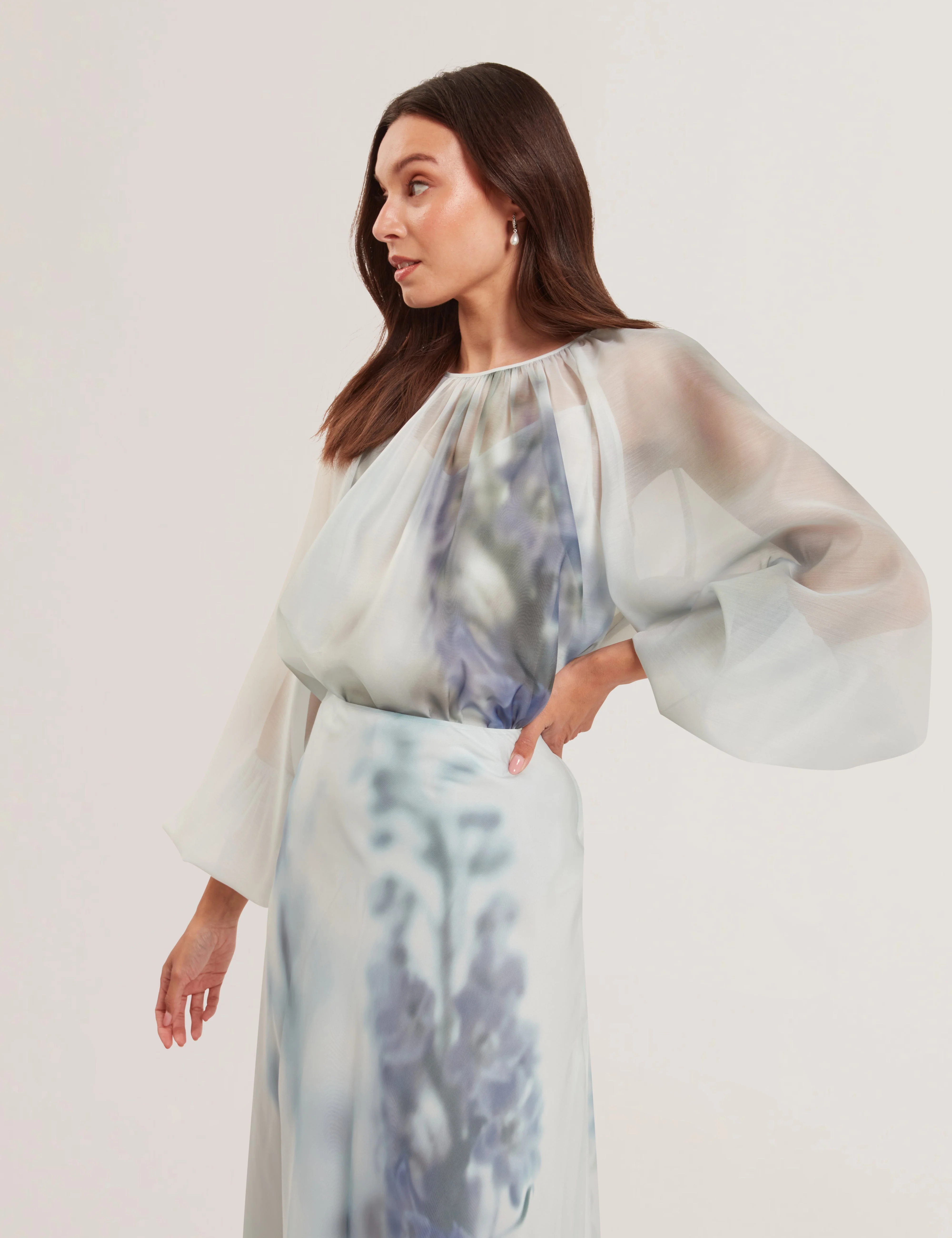 Mylesee Printed Organza Puff Sleeve Blouse Lt-Green - Image 4
