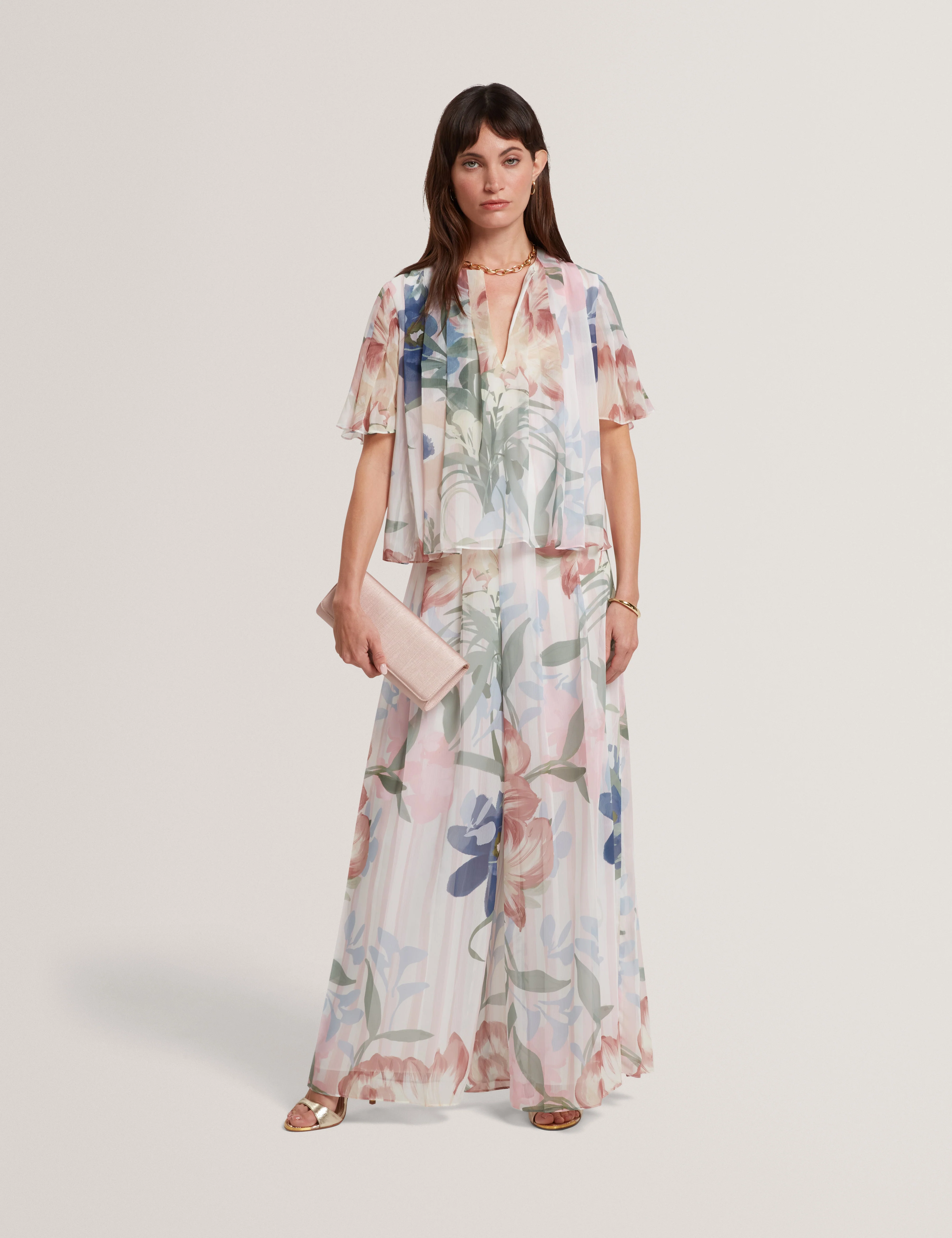Nansii Pleated Angel Sleeve Printed Top Pink - Image 2