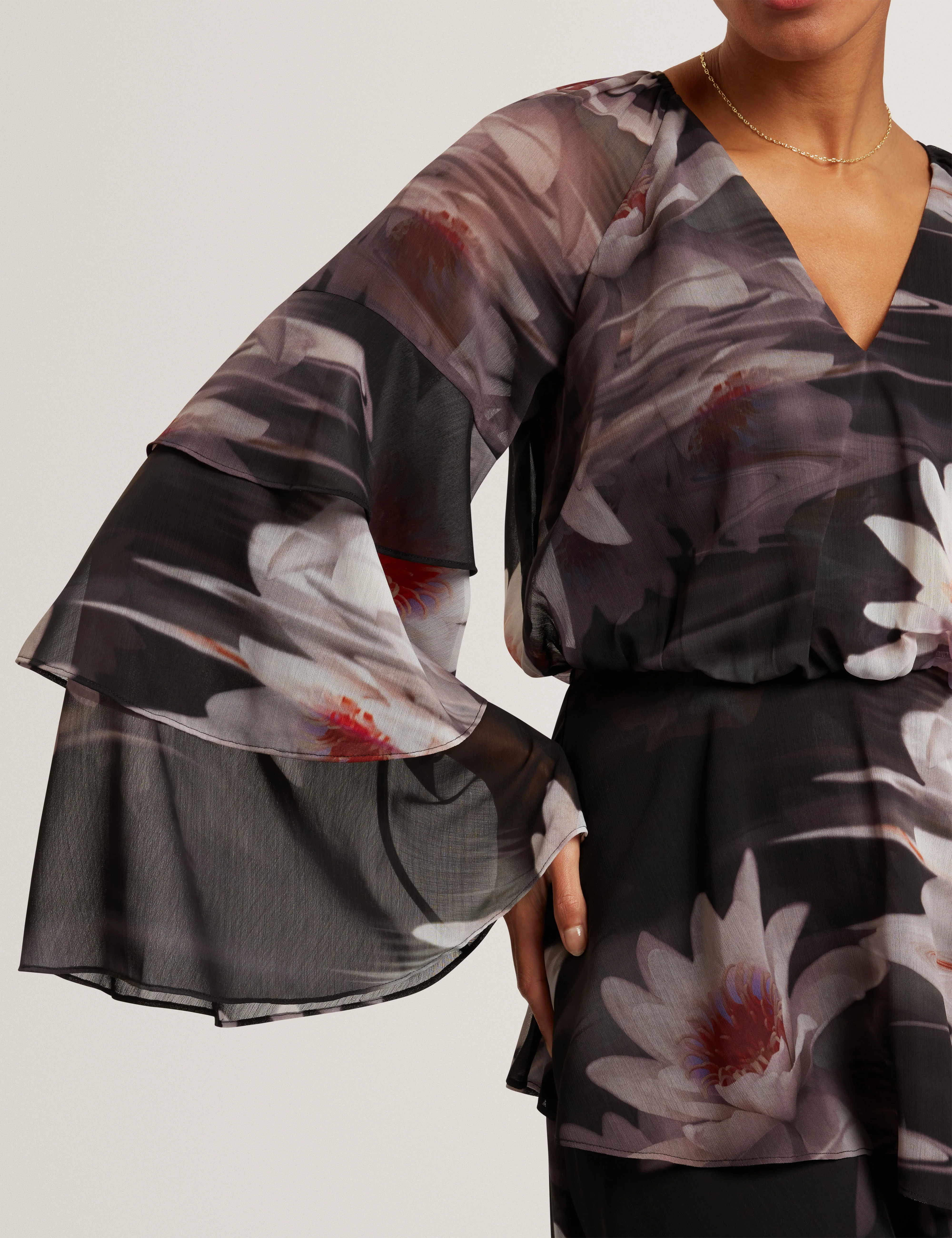 Nayvie Ruffled Long Sleeve Printed Mini Dress Black - Image 4