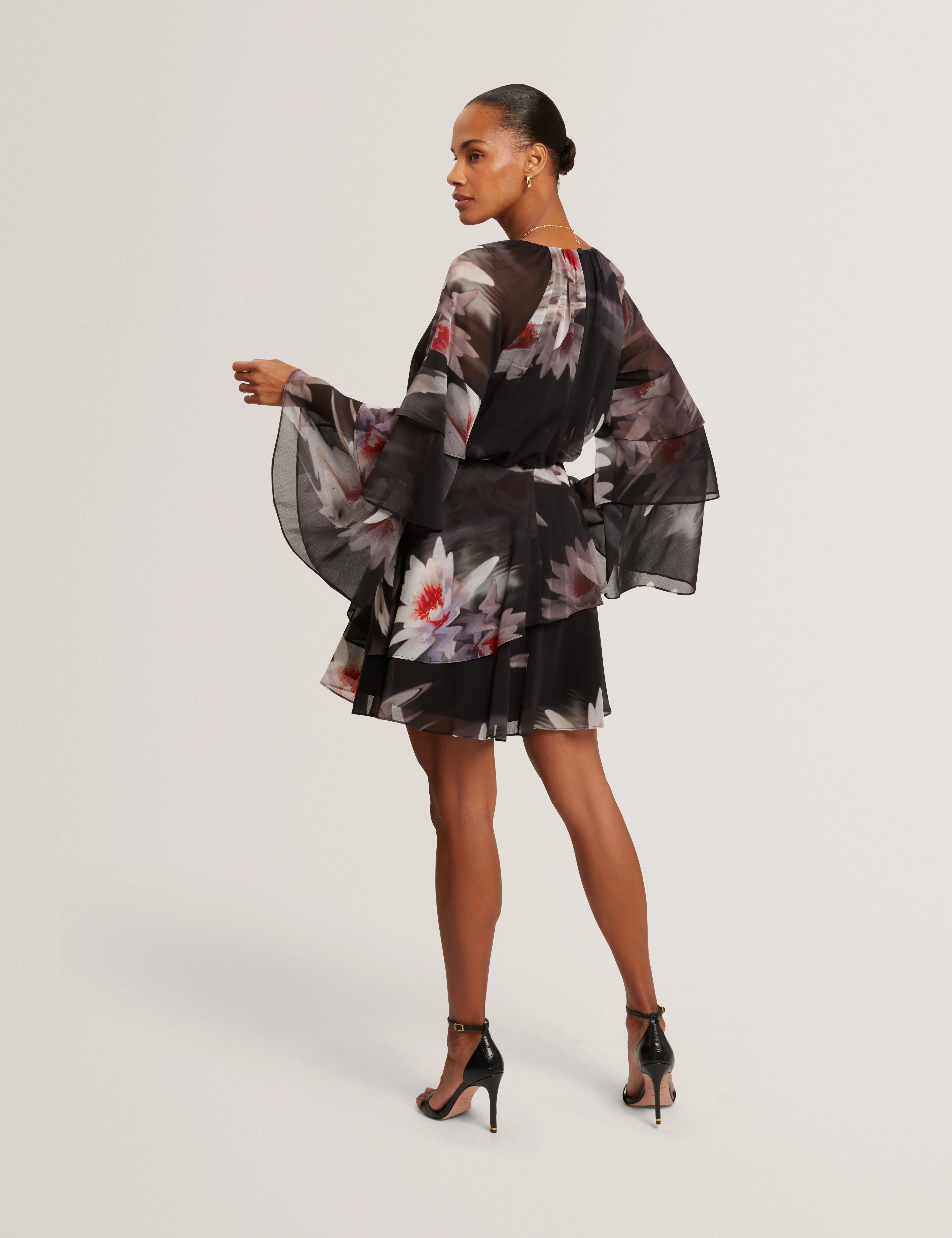 Nayvie Ruffled Long Sleeve Printed Mini Dress Black - Image 5