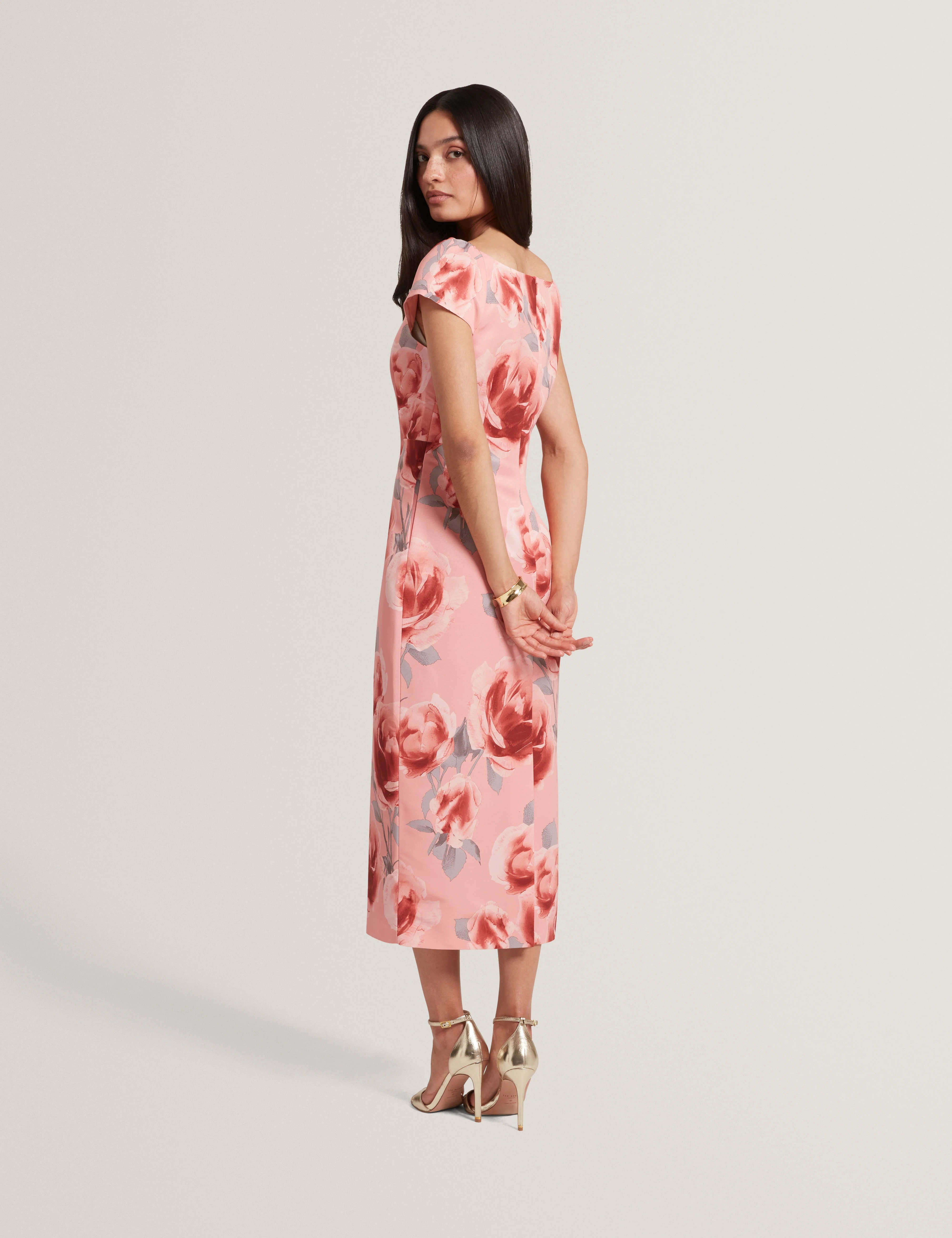 Odeta Printed Ottoman Midi Dress Coral - Image 5