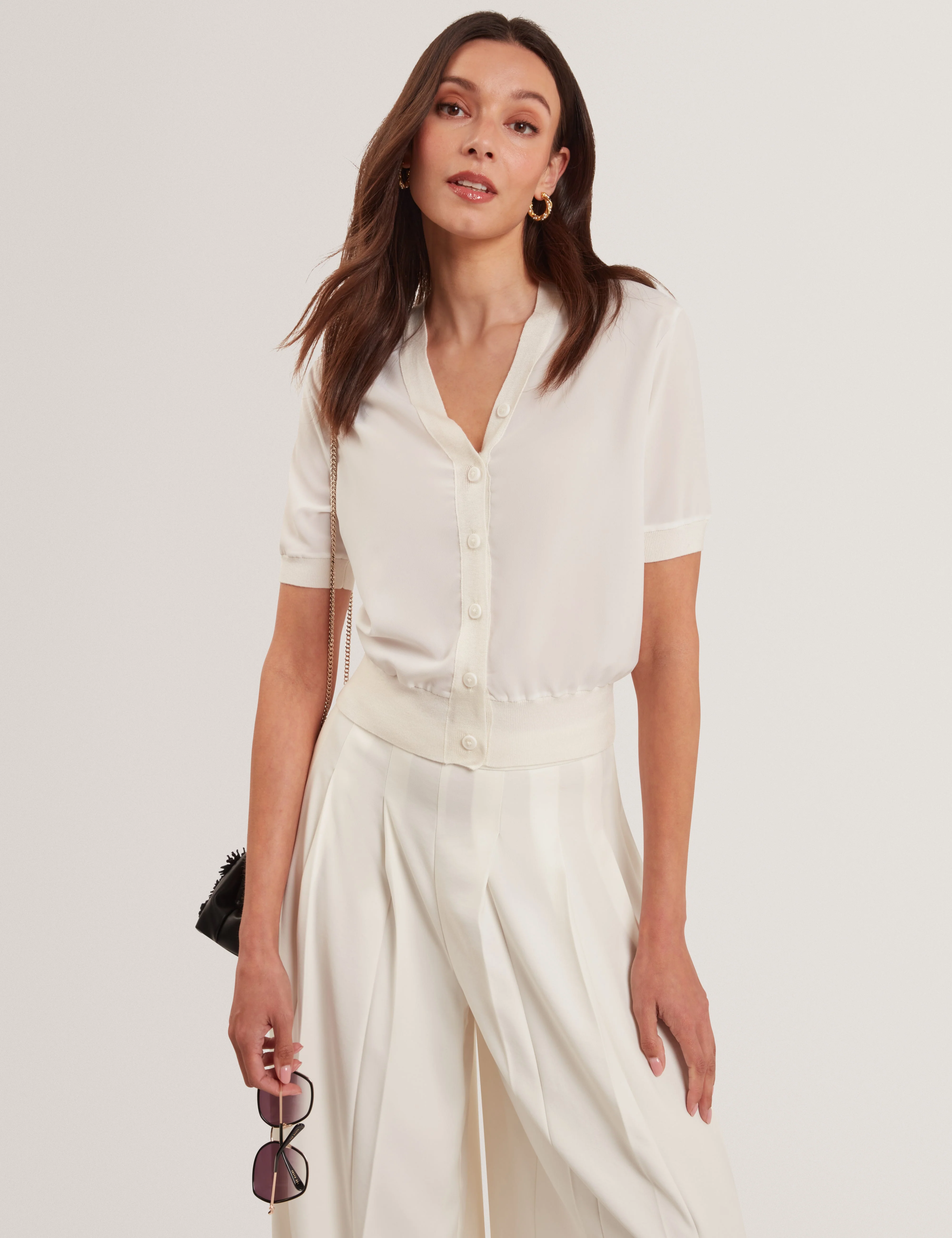 Ofina Woven Front Short Sleeve Cardigan White - Image 5