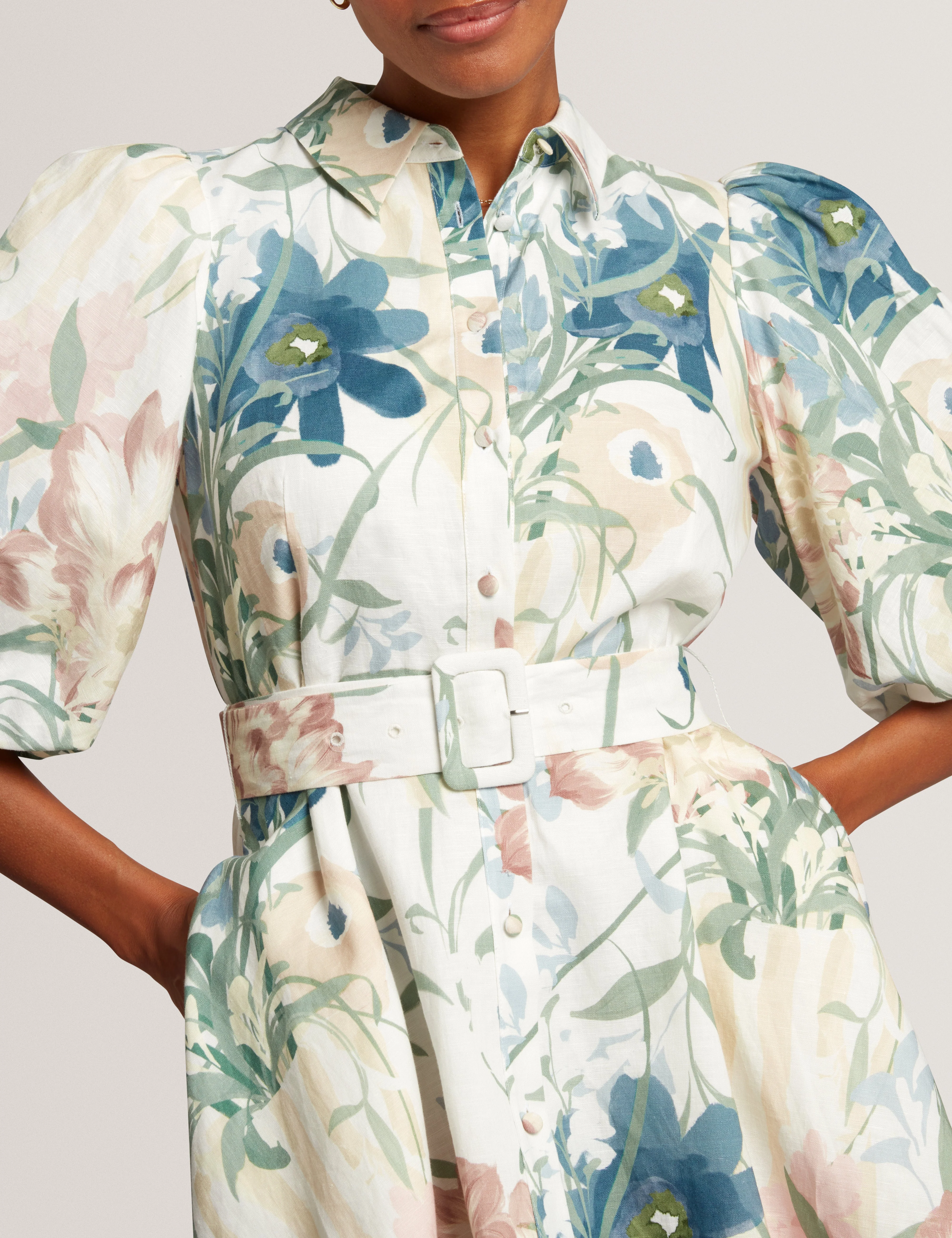 Olliiv Puff Sleeve Printed Mini Shirt Dress Ivory - Image 4