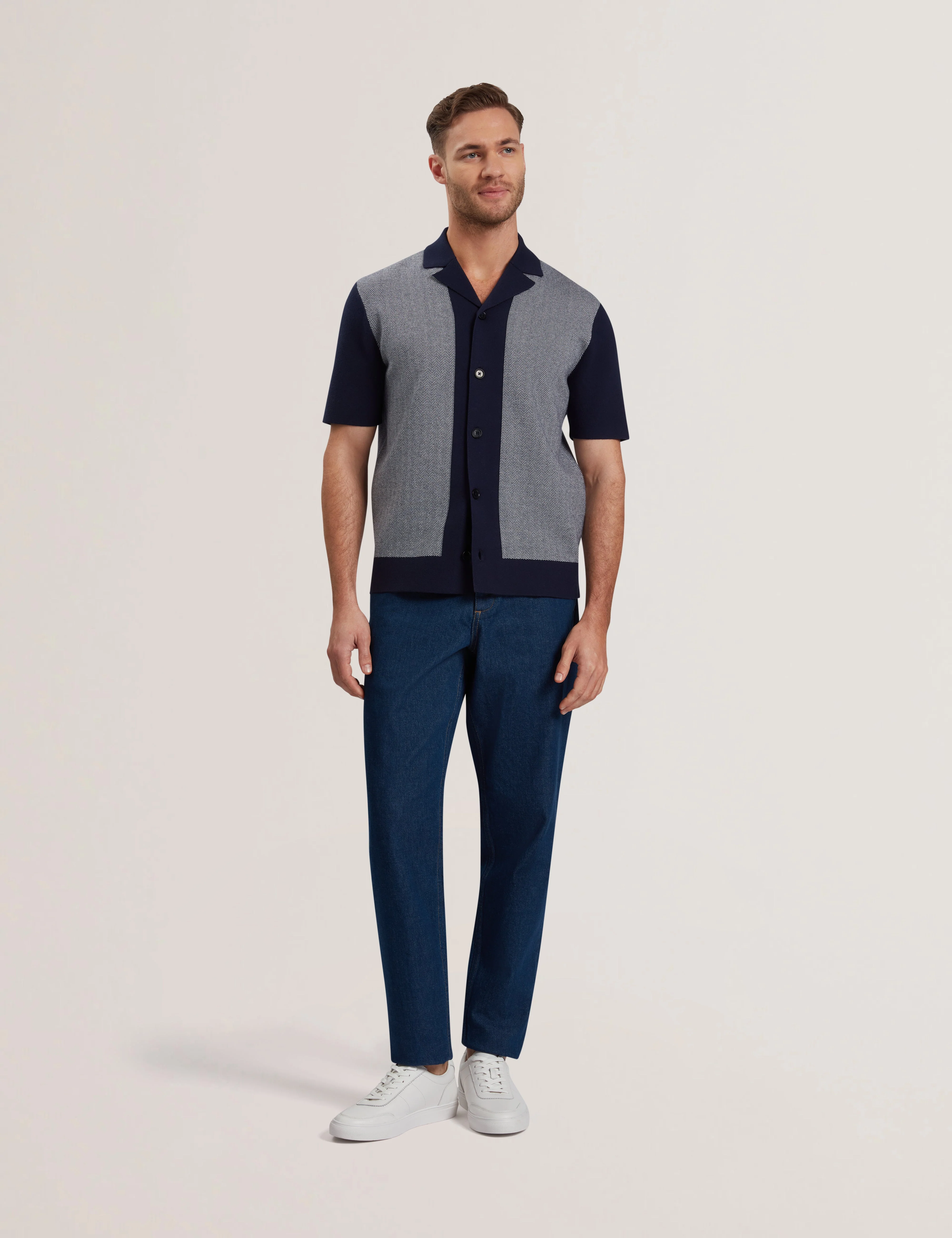 Padrig Short Sleeve Knitted Herring Bone Shirt Navy - Image 2