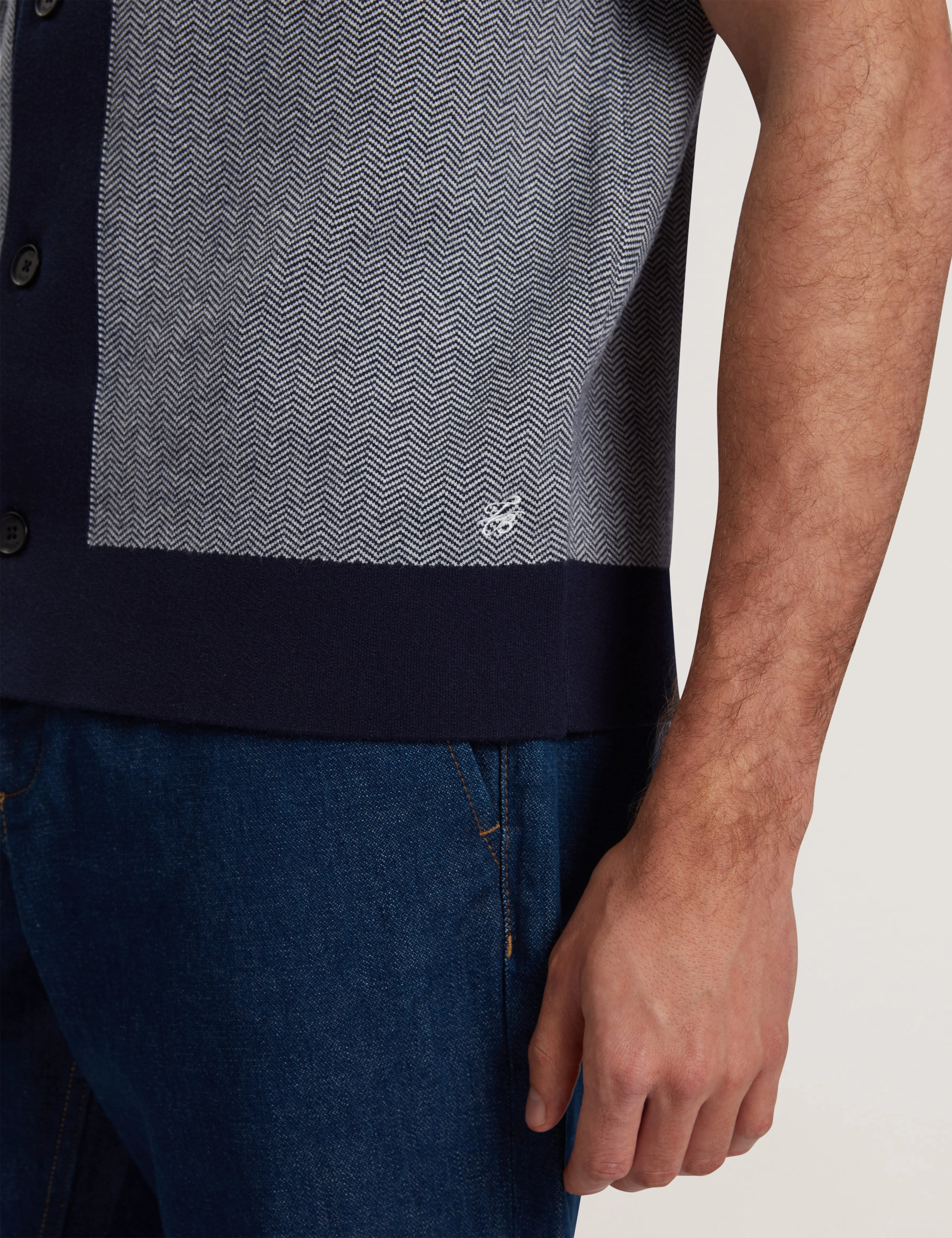 Padrig Short Sleeve Knitted Herring Bone Shirt Navy - Image 4