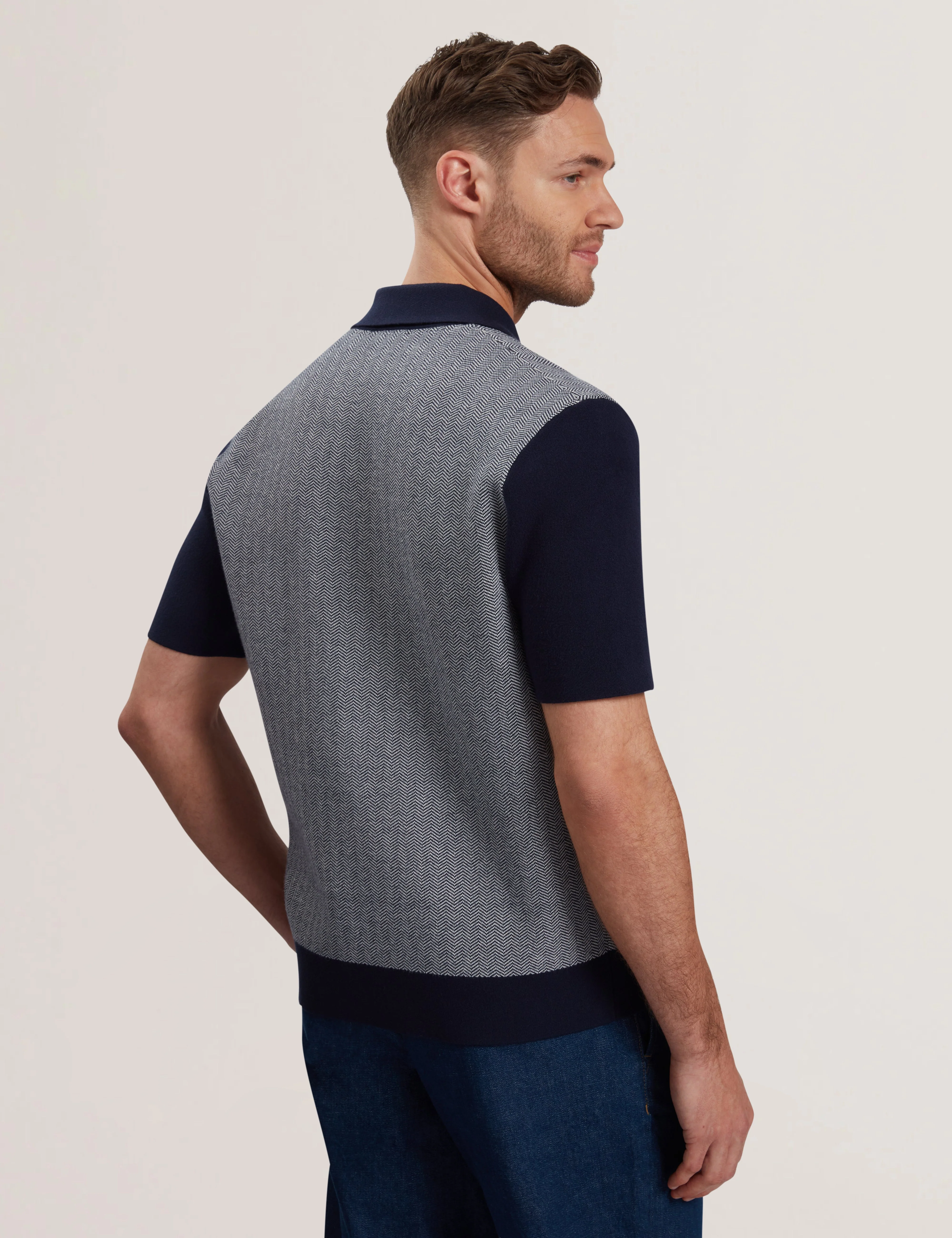 Padrig Short Sleeve Knitted Herring Bone Shirt Navy - Image 5