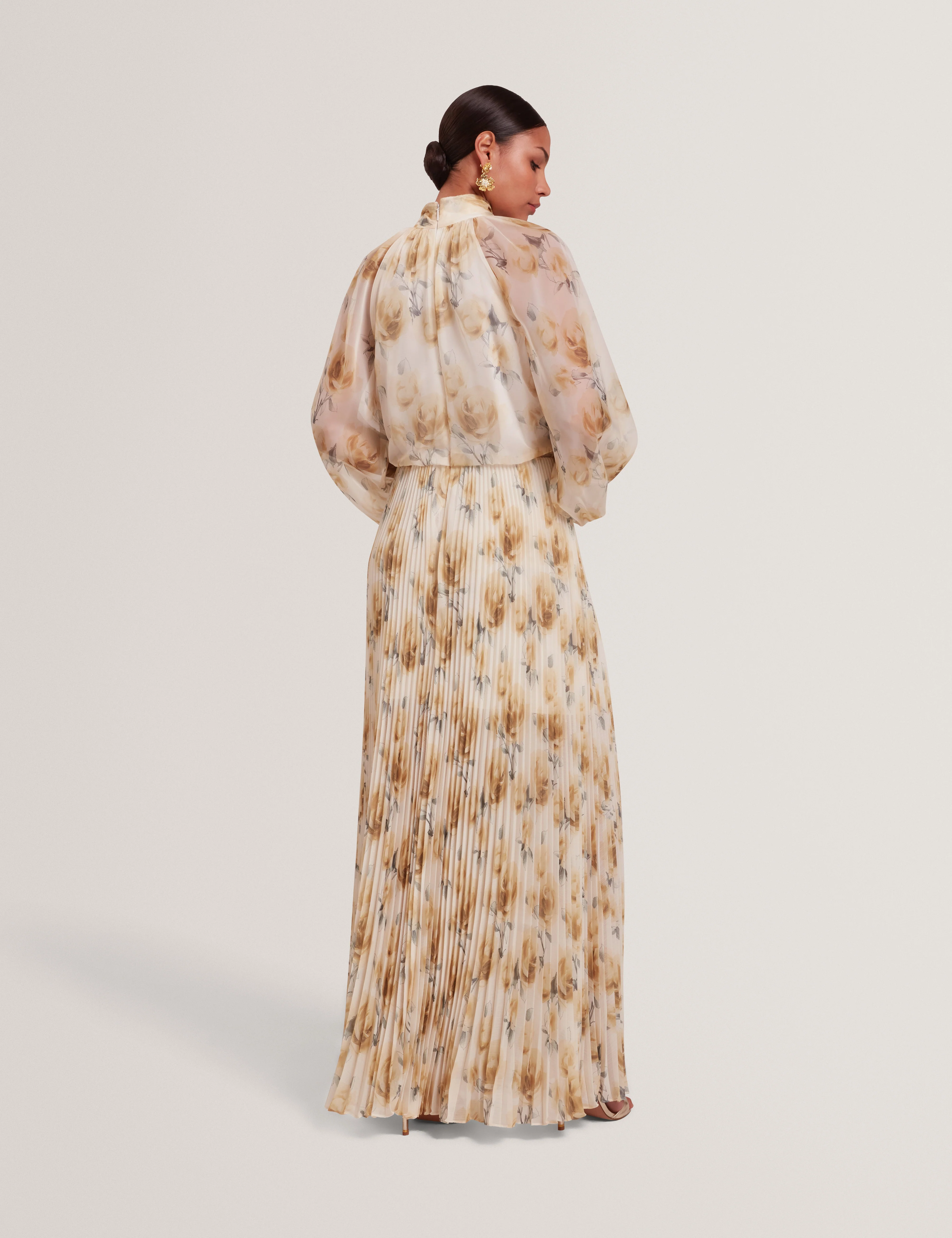 Patsie Tie Detail Long Sleeve Floral Maxi Dress Ivory - Image 5