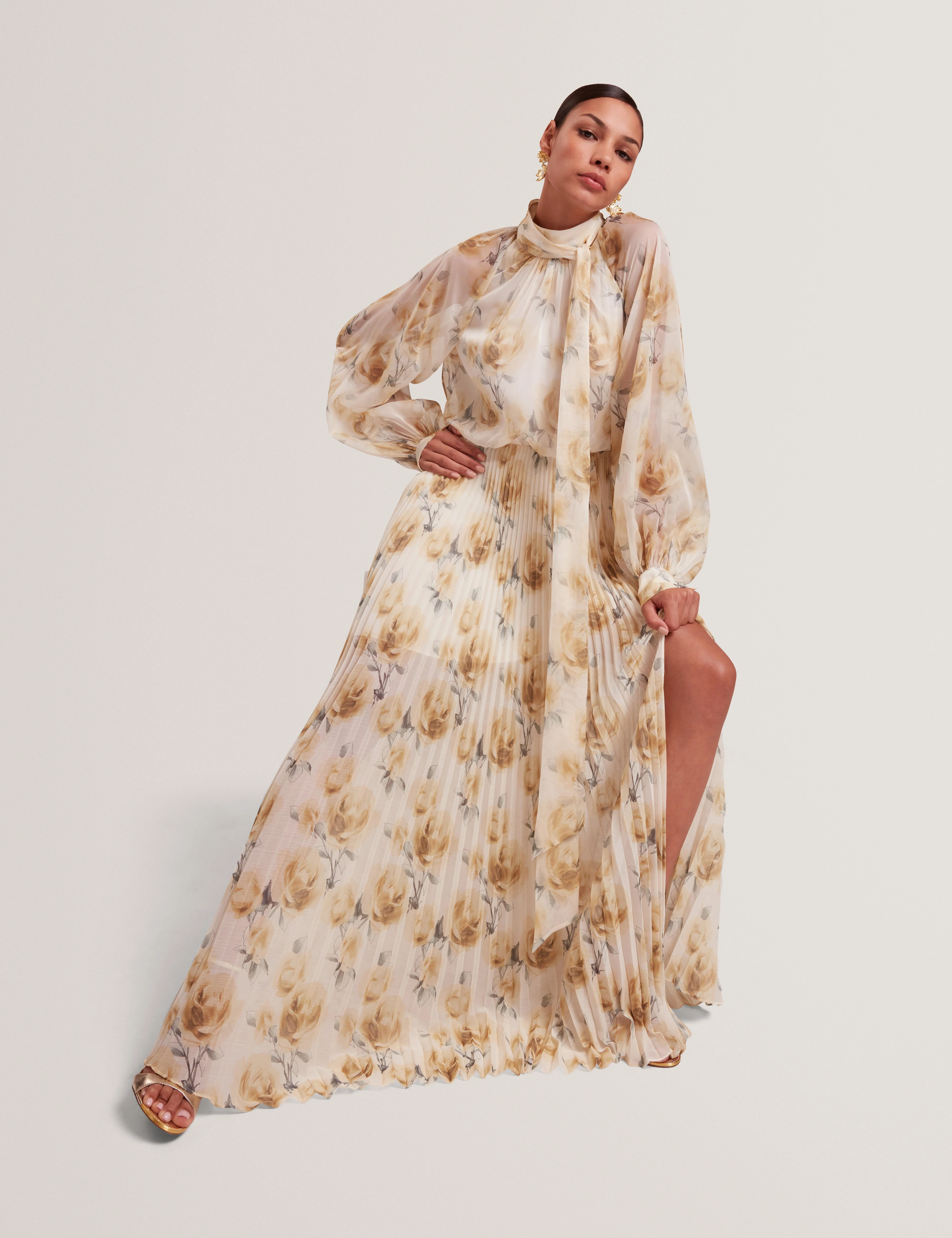 Patsie Tie Detail Long Sleeve Floral Maxi Dress Ivory - Image 7