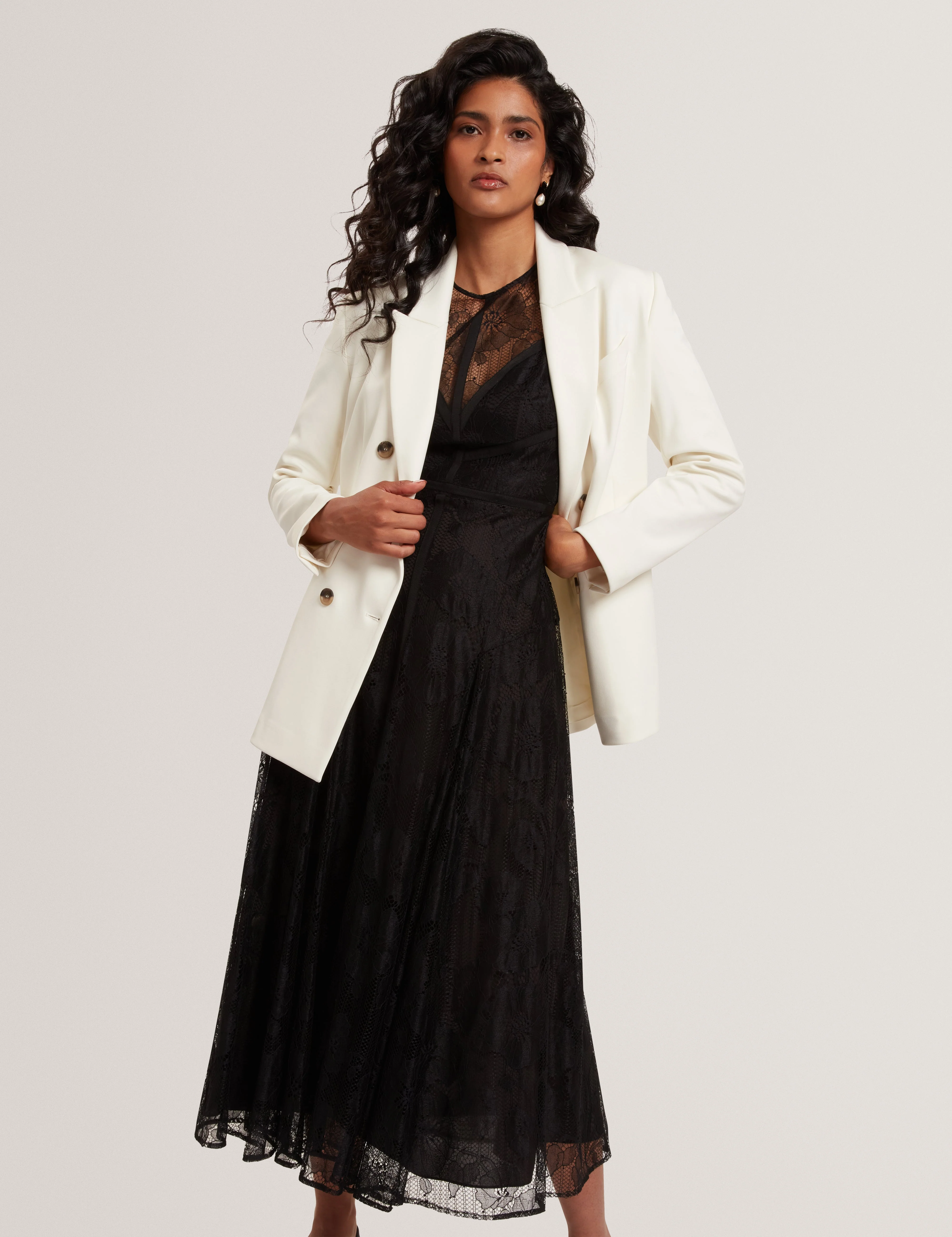 Pawlyn Tailored Ponte Double Breasted Blazer Ivory - Image 6