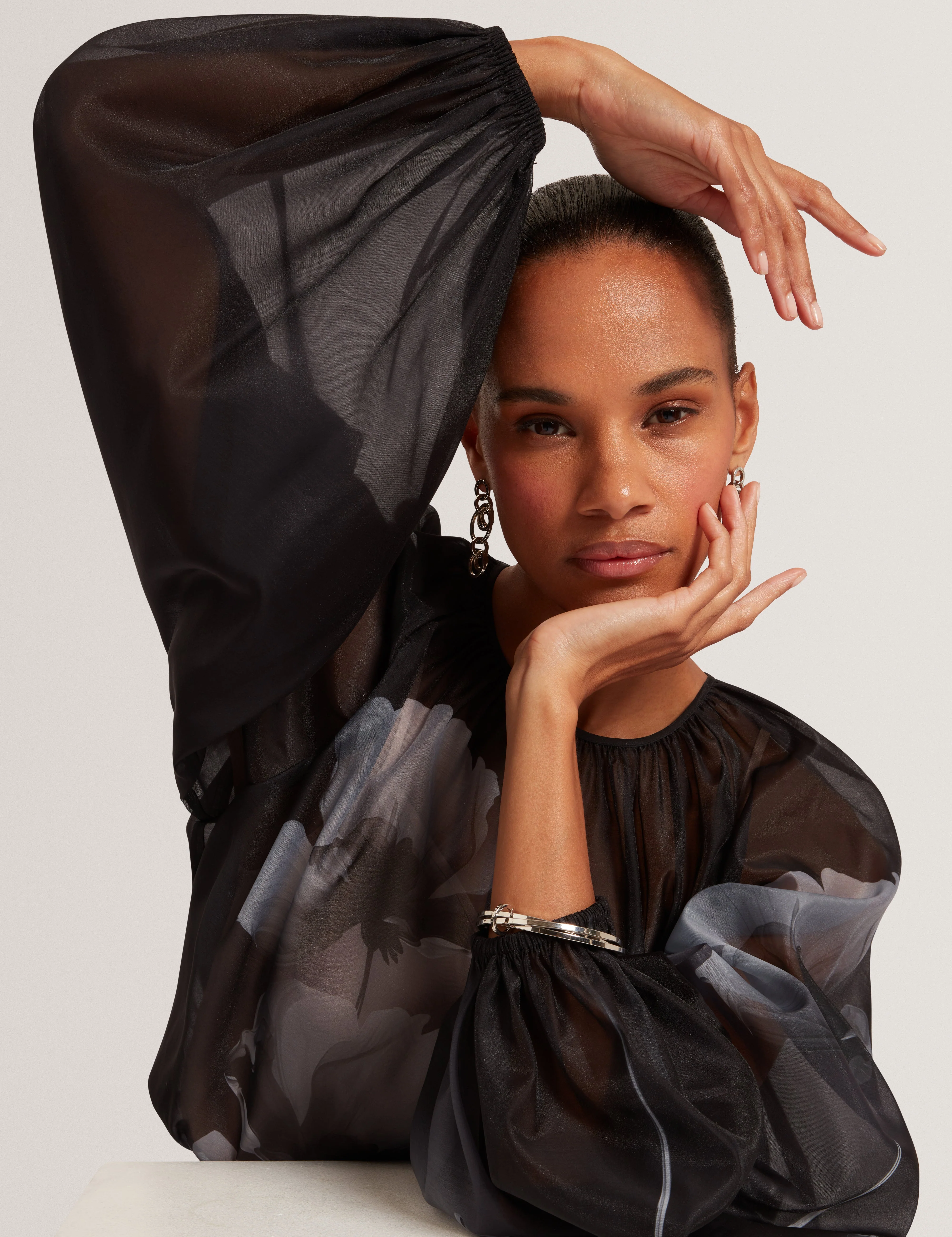 Plaaza Puff Sleeve Blouse With Organza Overlay Black - Image 6