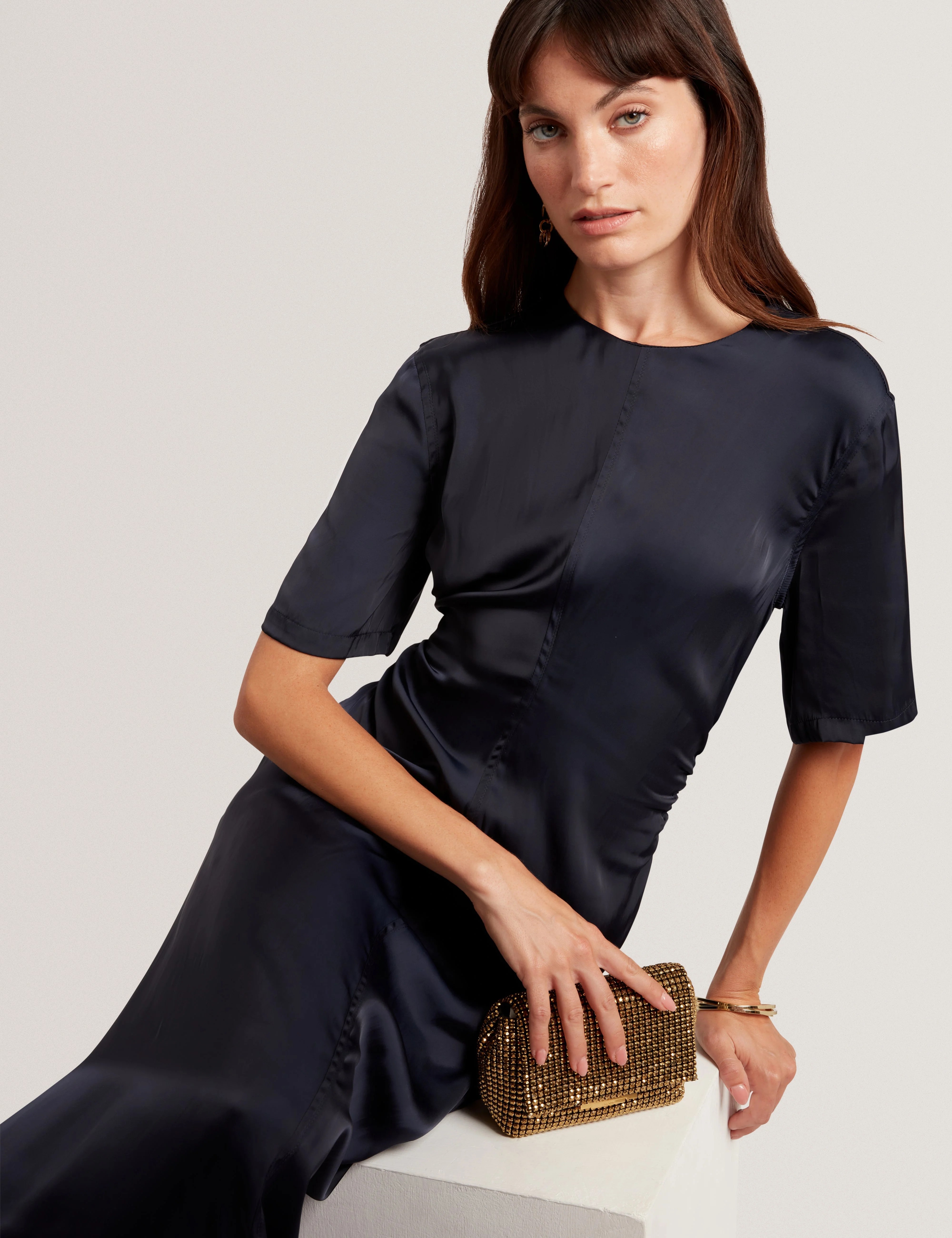 Plumma Short Sleeve Gathered Waist Midi Dress Navy - Image 6