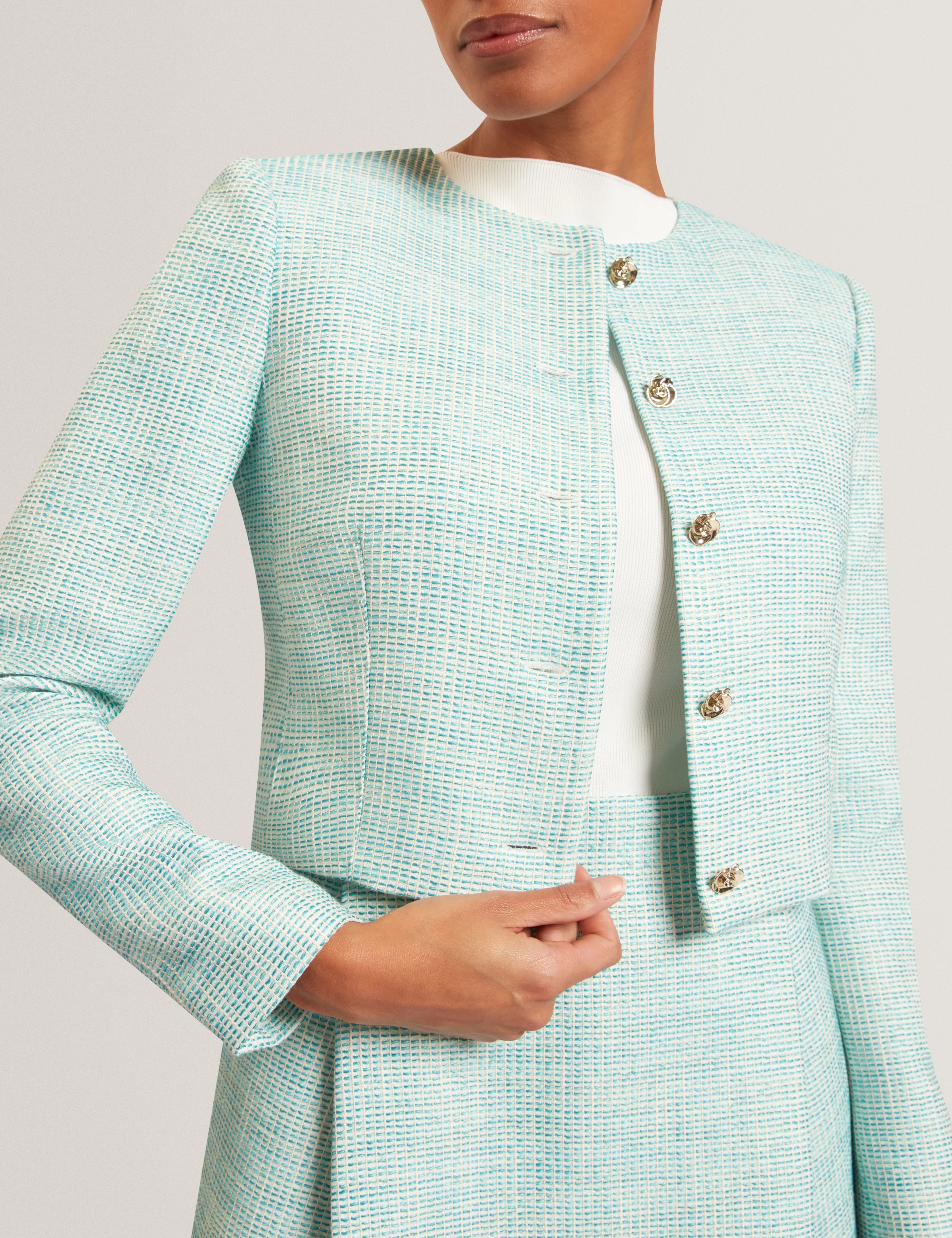 Previa Cropped Tailored Boucle Jacket Mid-Green - Image 2