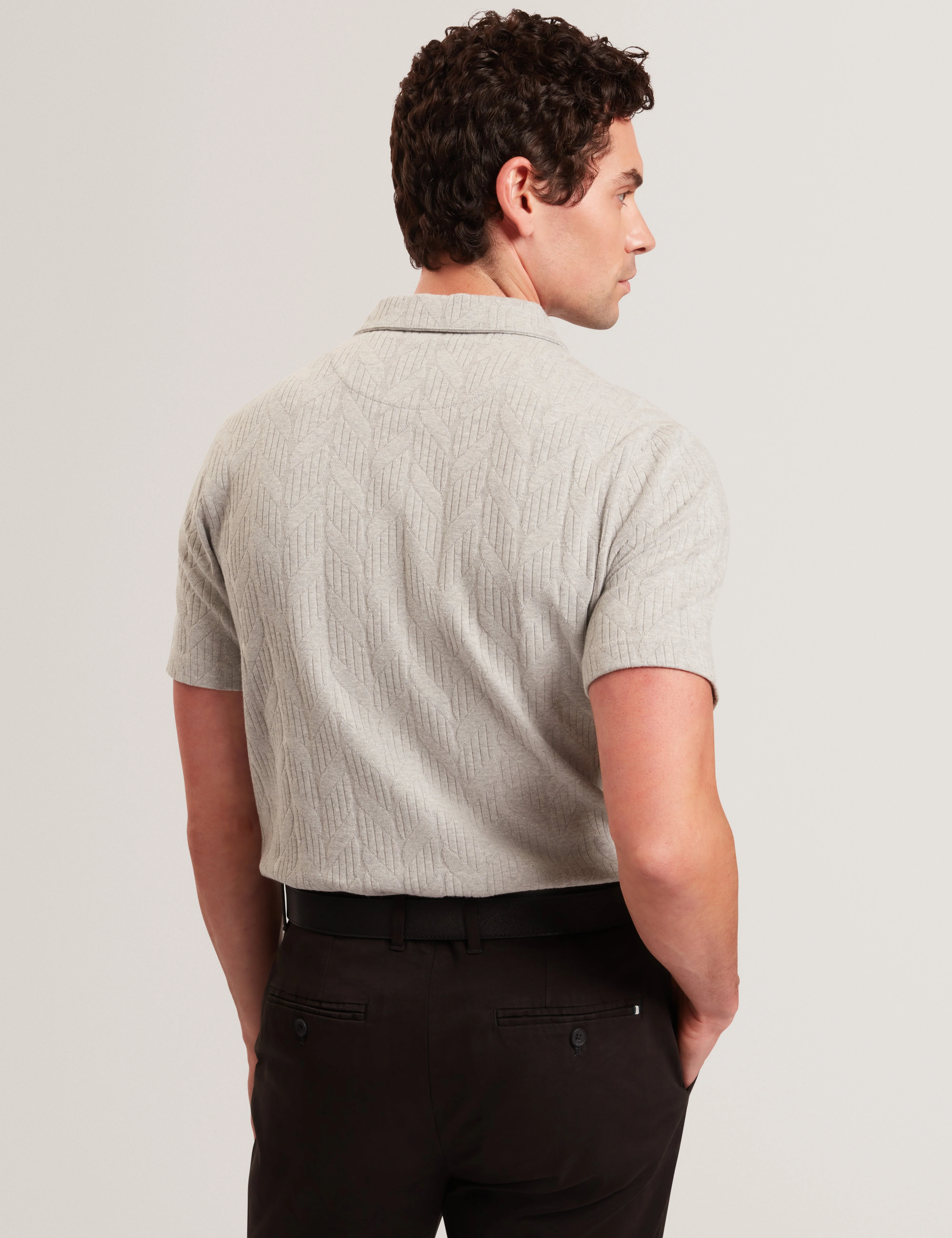 Rembran Short Sleeve Cable Stitch T Polo Lt-Grey - Image 5