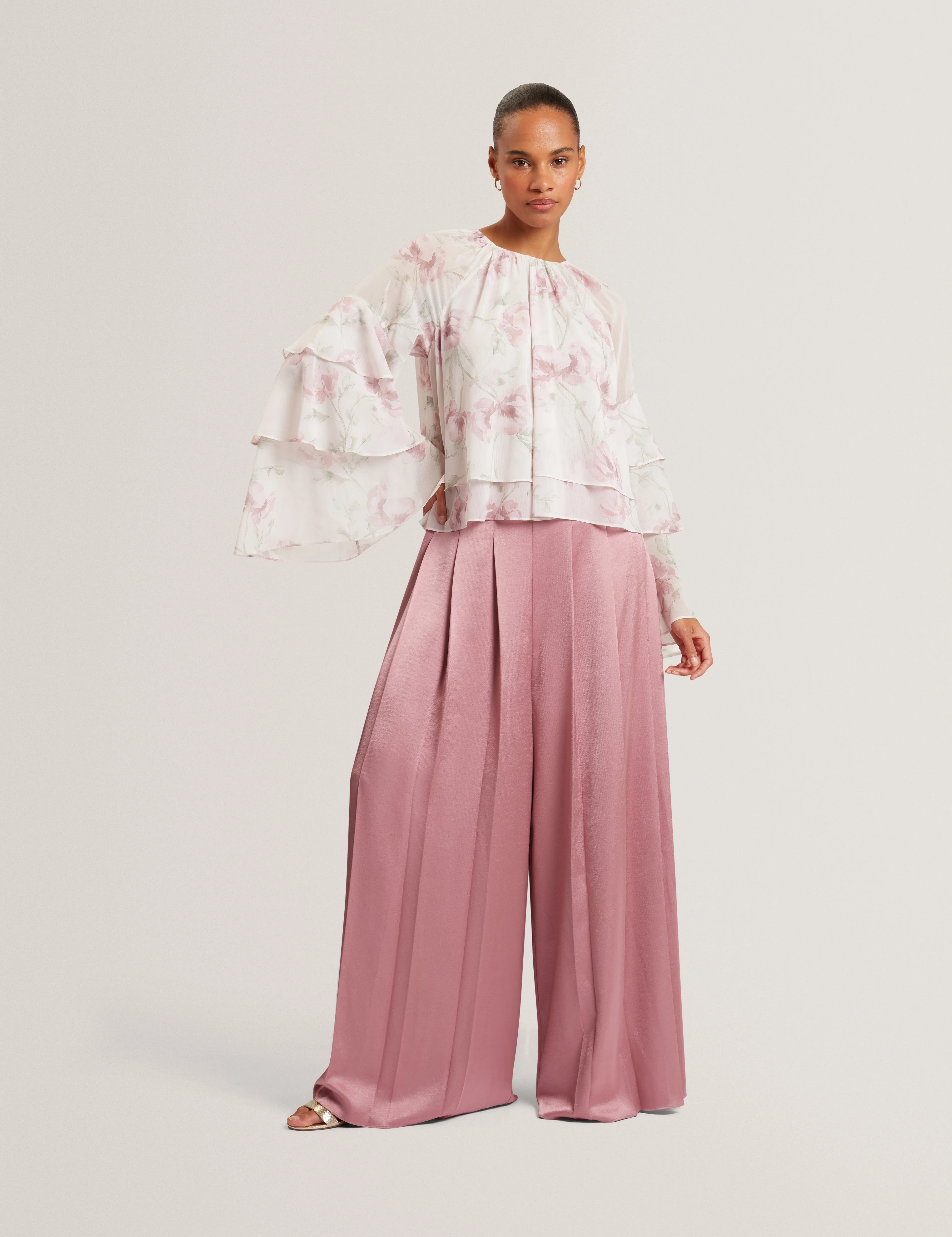 Rizaa Gathered Neck Floral Print Long Sleeve Tops Pl-Pink - Image 2