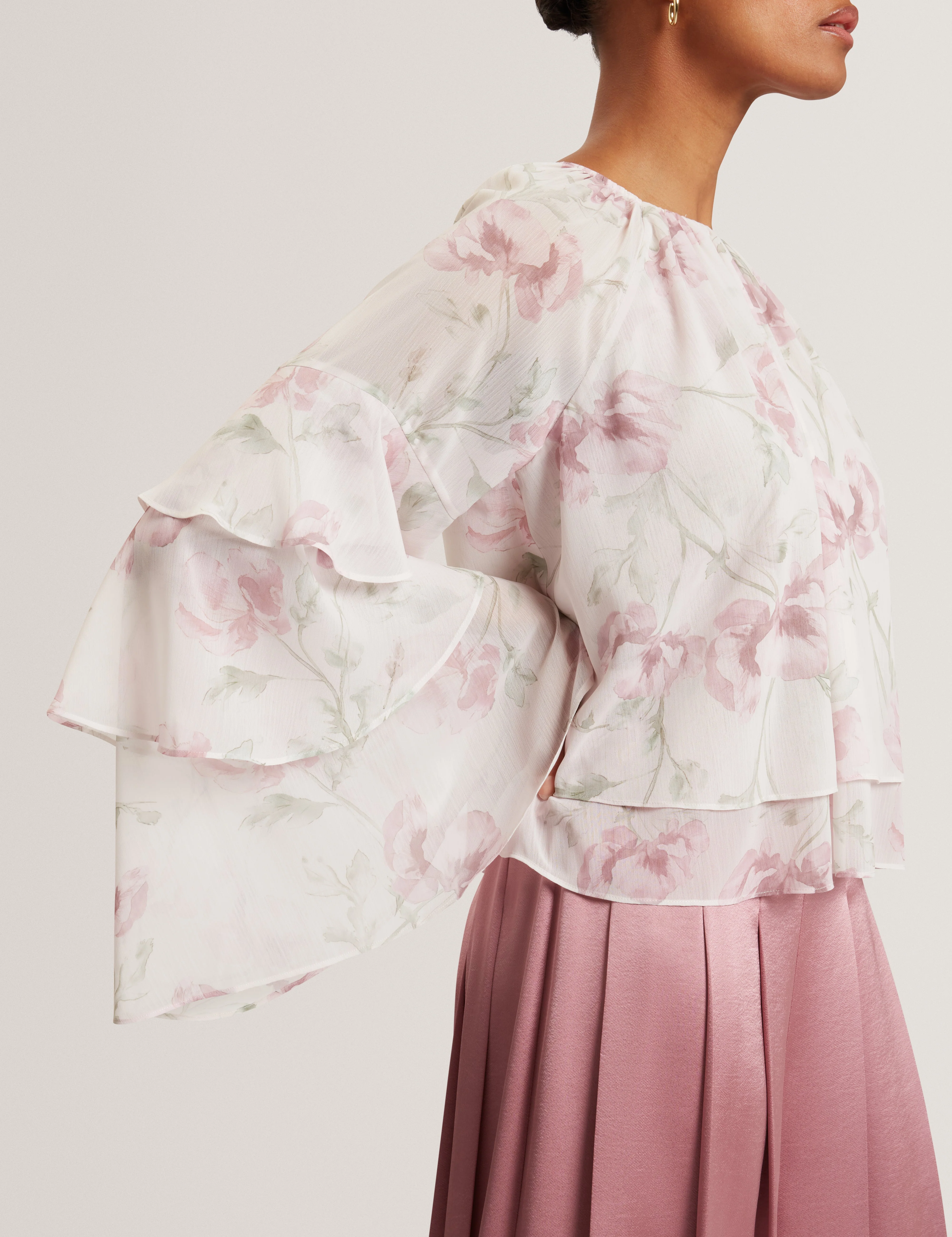 Rizaa Gathered Neck Floral Print Long Sleeve Tops Pl-Pink - Image 4
