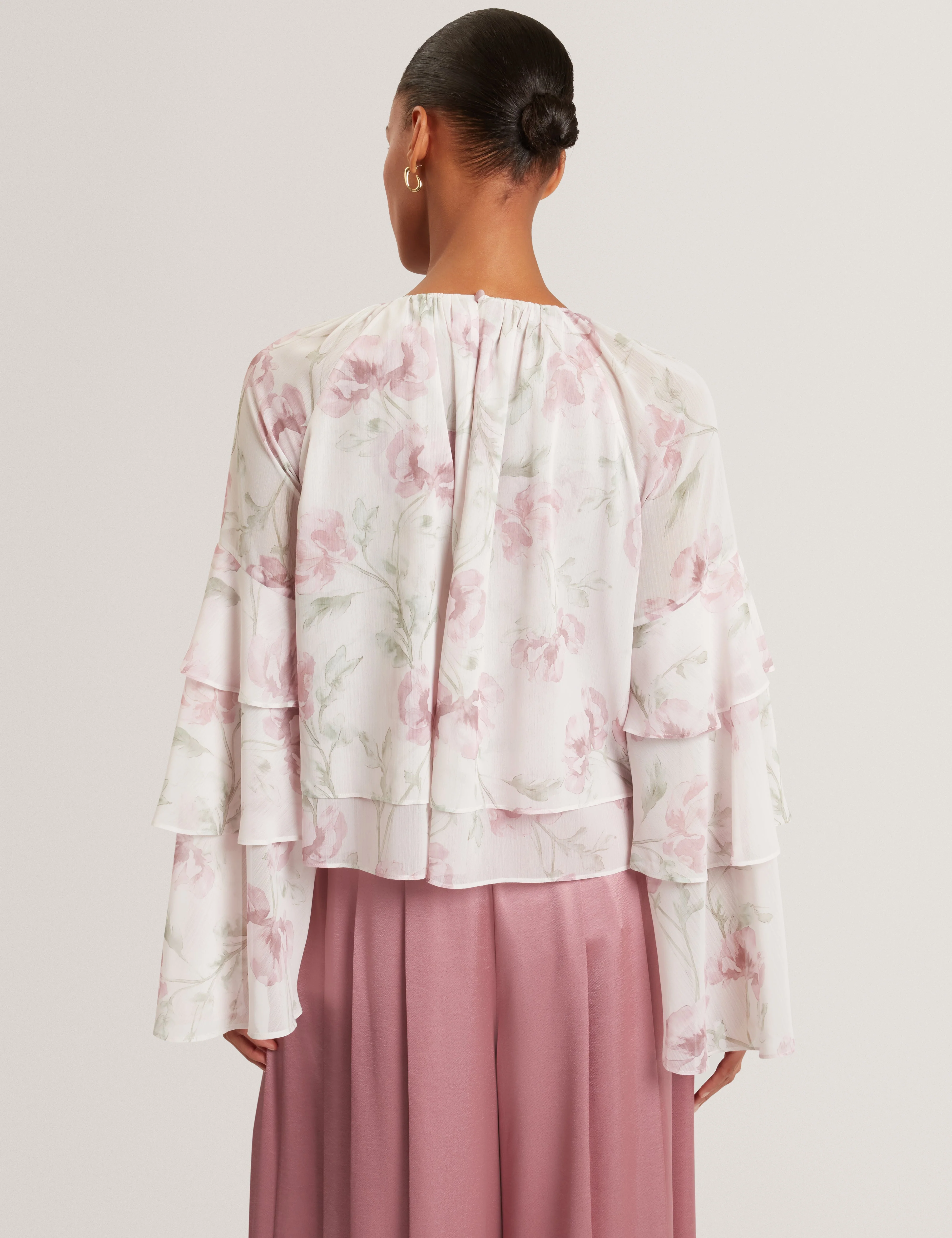 Rizaa Gathered Neck Floral Print Long Sleeve Tops Pl-Pink - Image 5