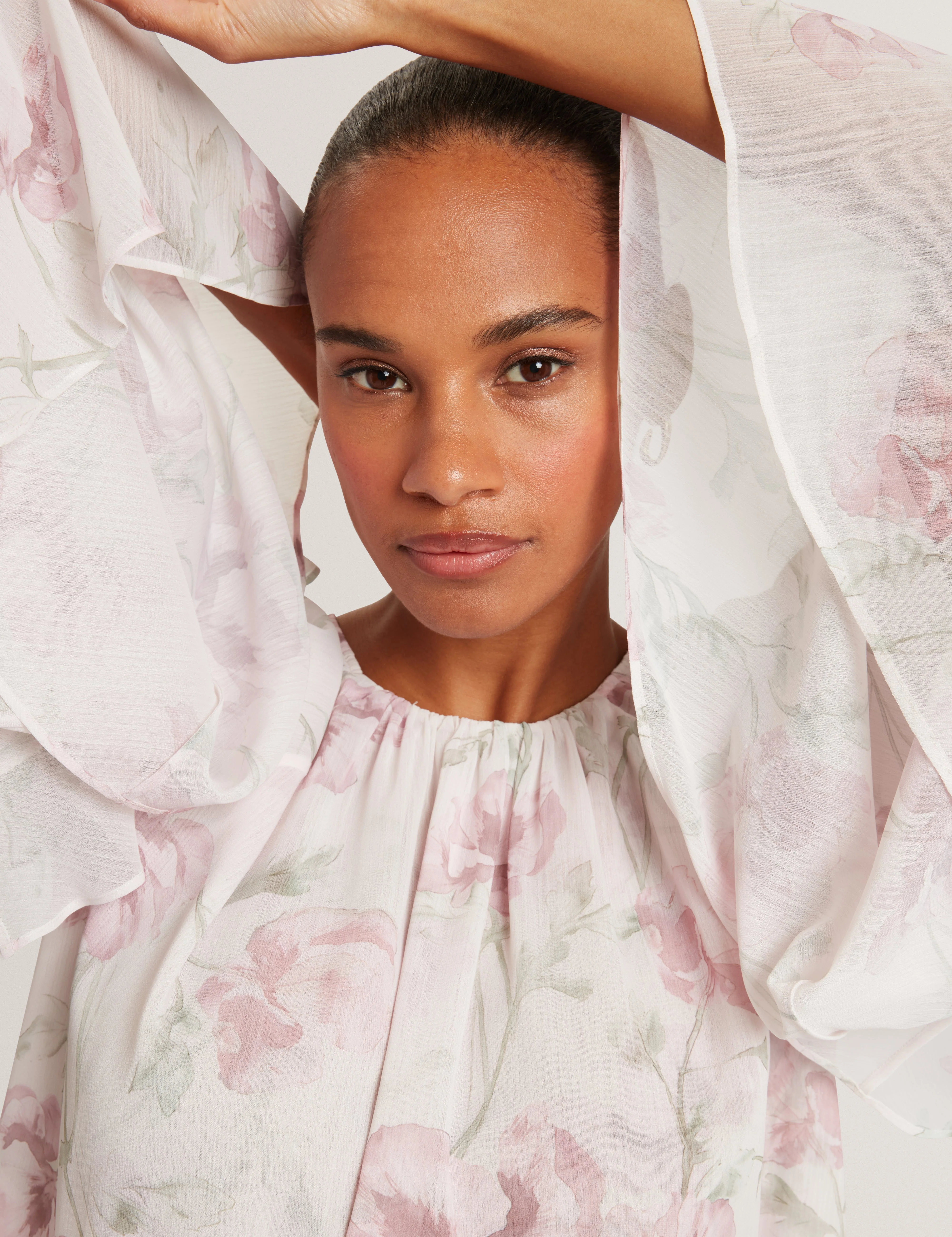 Rizaa Gathered Neck Floral Print Long Sleeve Tops Pl-Pink - Image 6