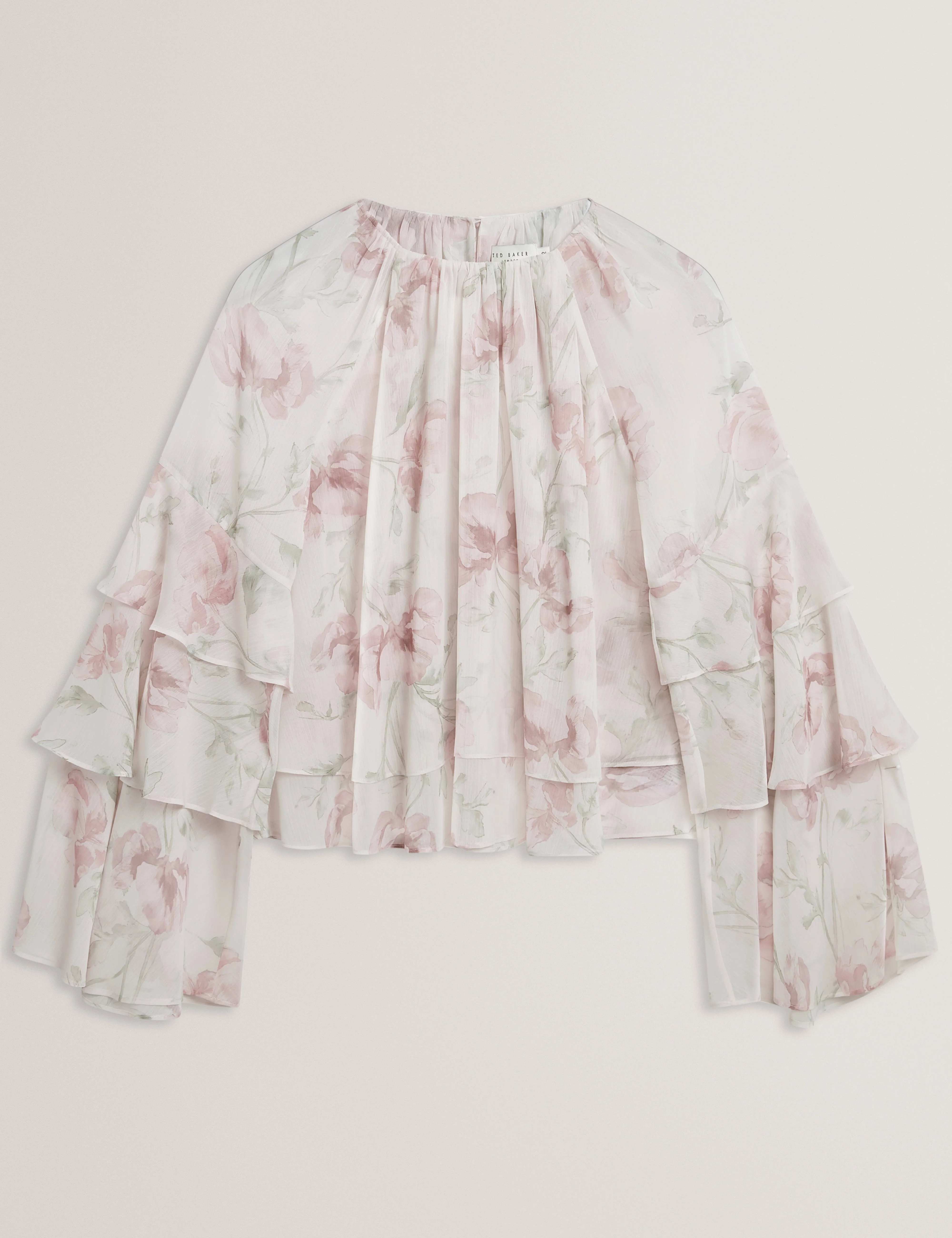 Rizaa Gathered Neck Floral Print Long Sleeve Tops Pl-Pink - Image 7