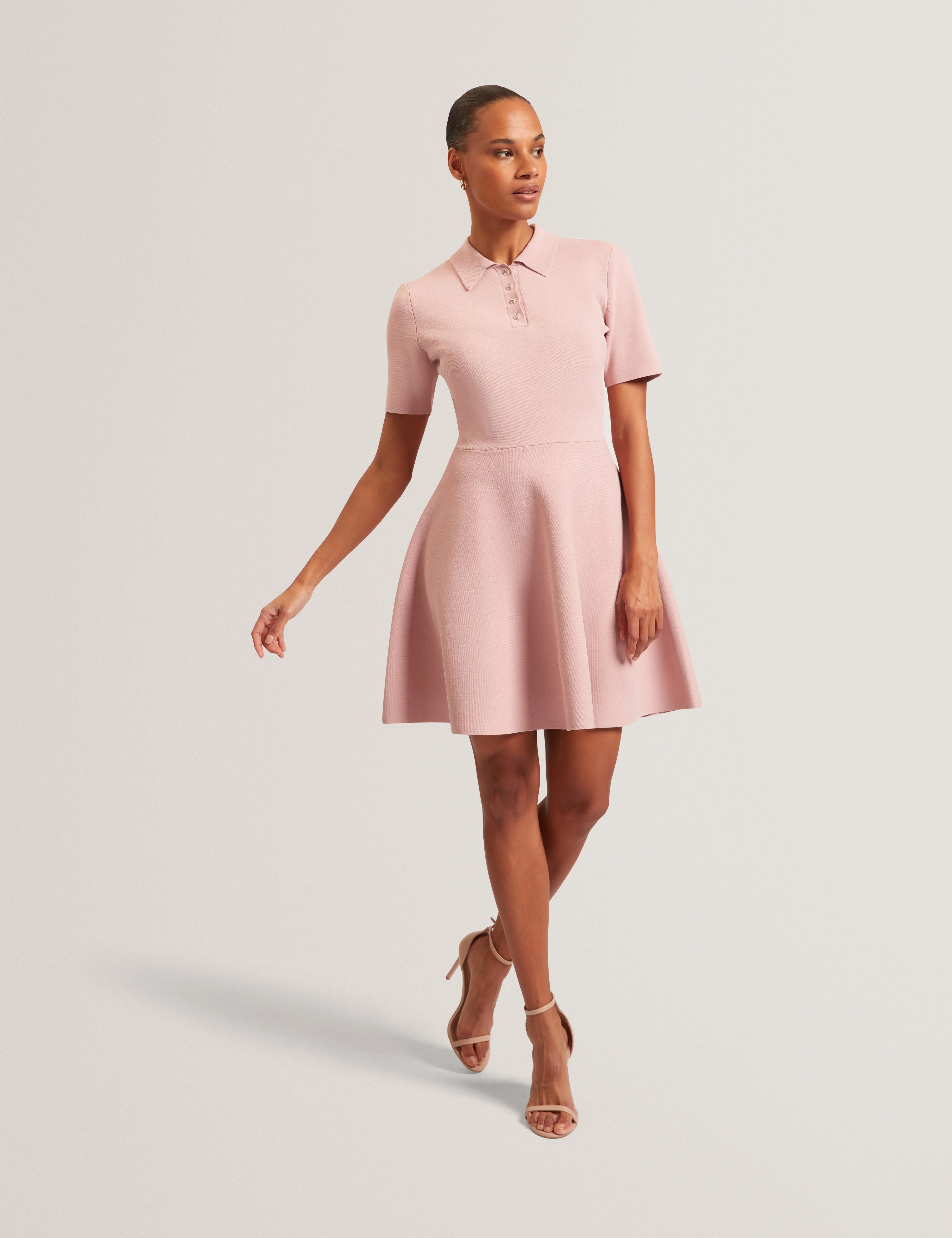 Rondaa Mini Short Sleeve Knitted Polo Dress Dusky-Pink - Image 2
