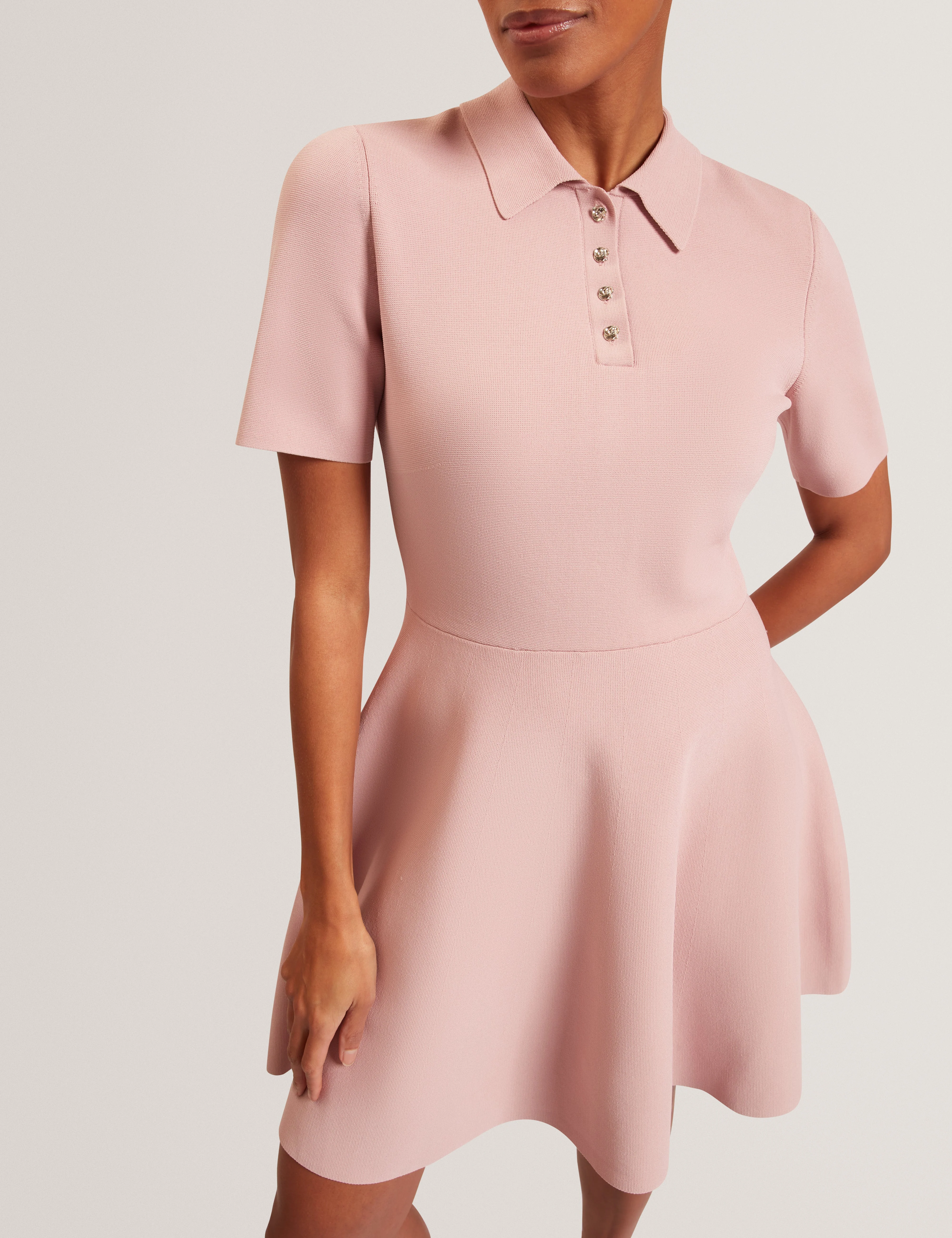 Rondaa Mini Short Sleeve Knitted Polo Dress Dusky-Pink - Image 4