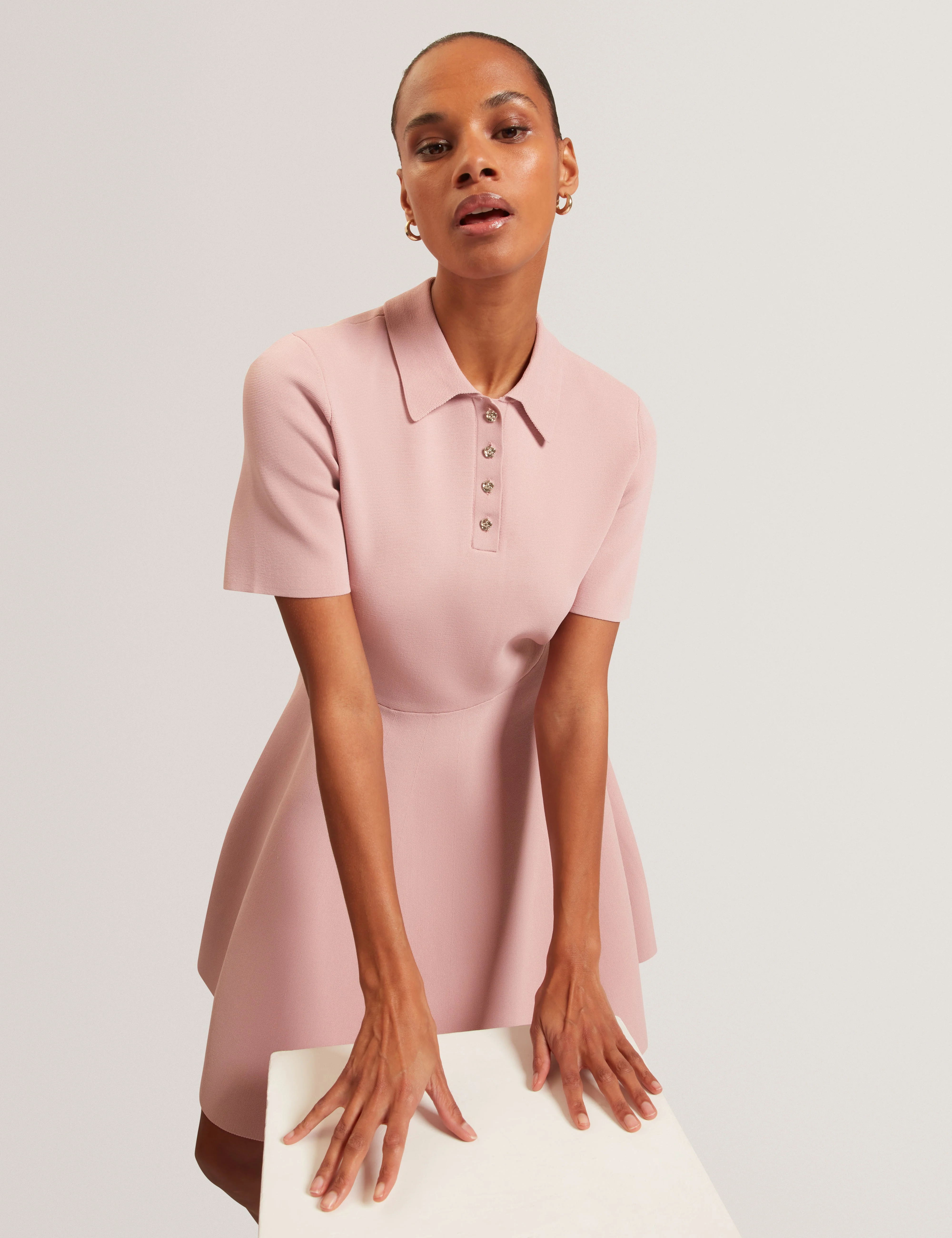 Rondaa Mini Short Sleeve Knitted Polo Dress Dusky-Pink - Image 6
