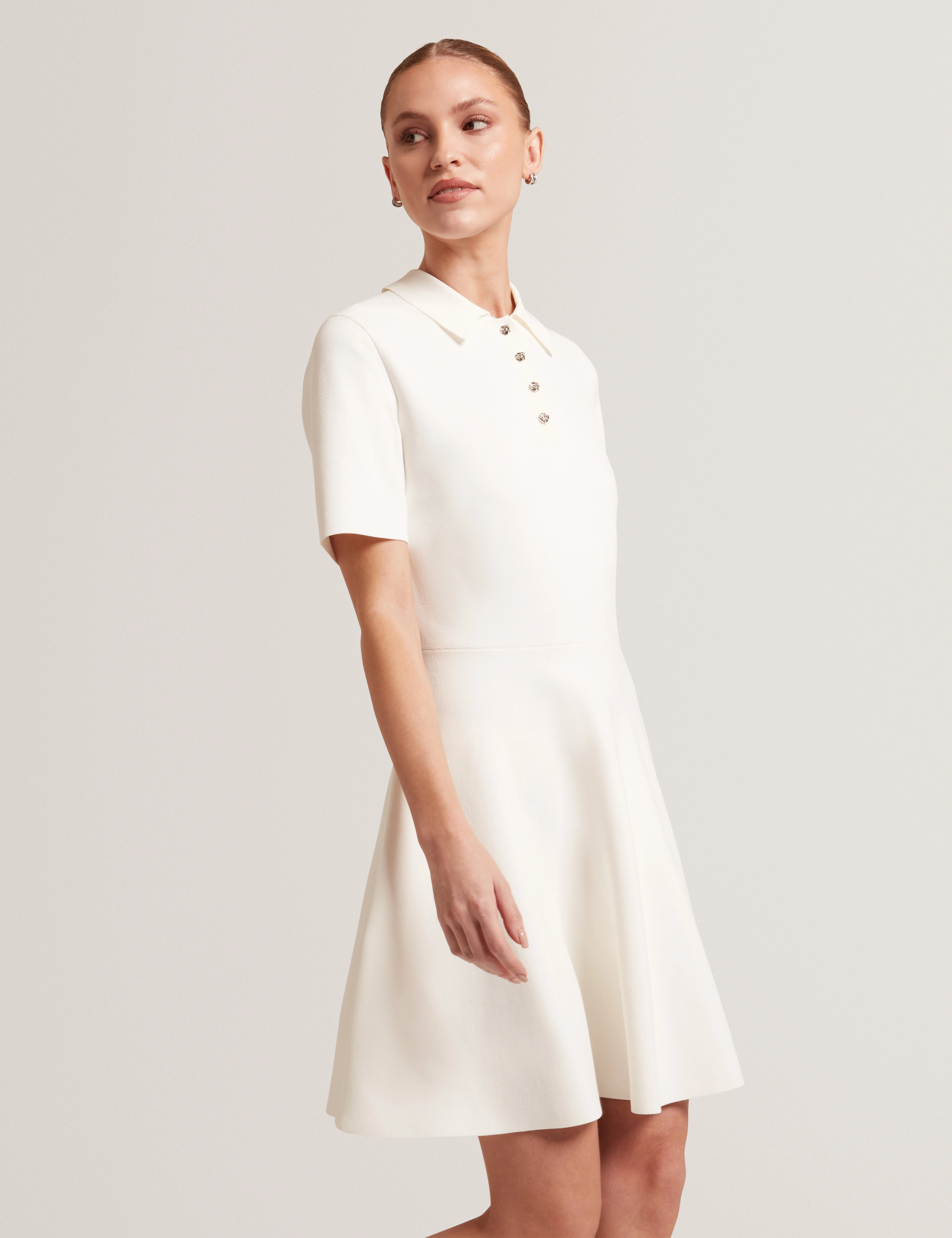 Rondaa Mini Short Sleeve Knitted Polo Dress Ivory - Image 2