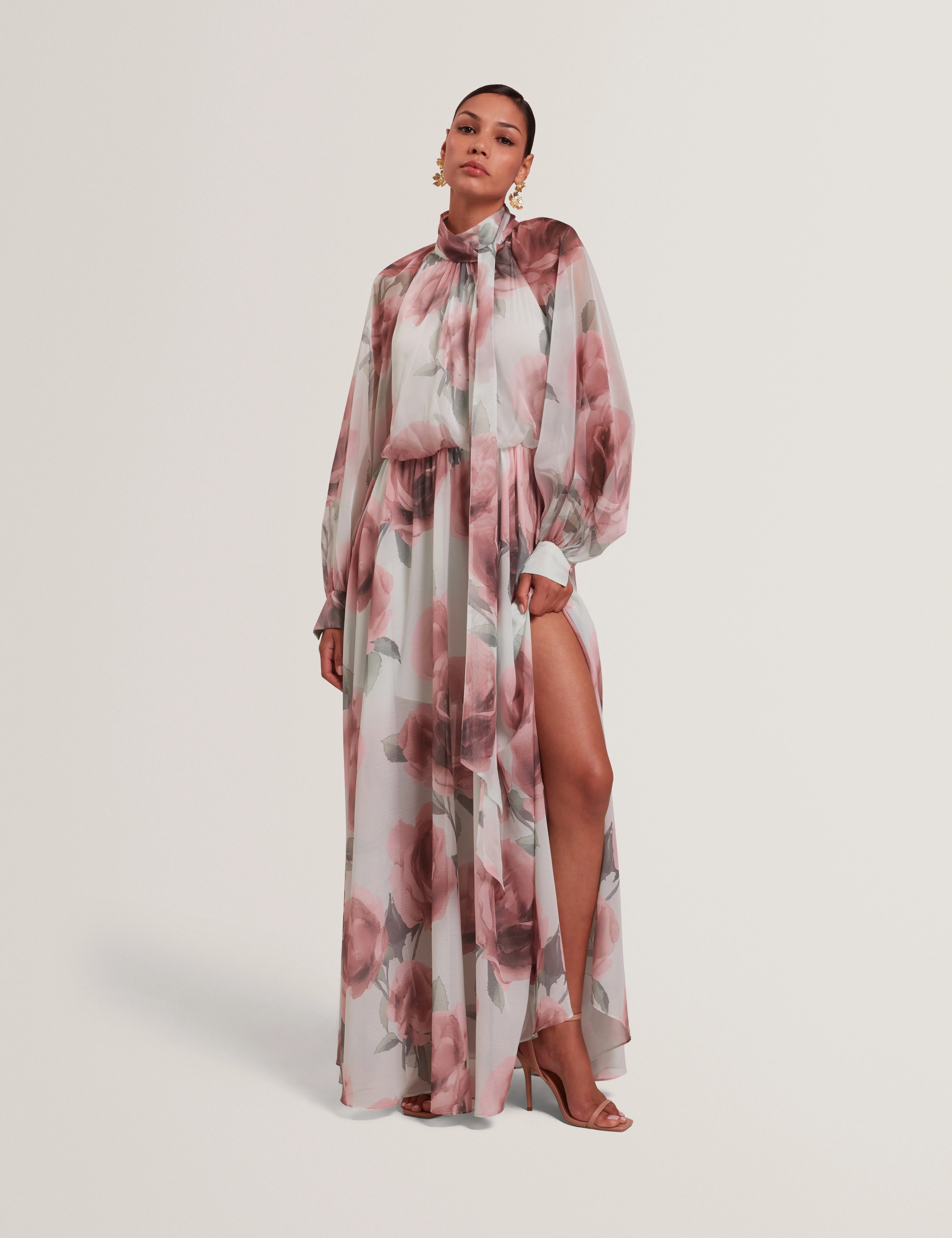 Rowie Tie Detail Long Sleeve Floral Maxi Dress Pl-Green - Image 2