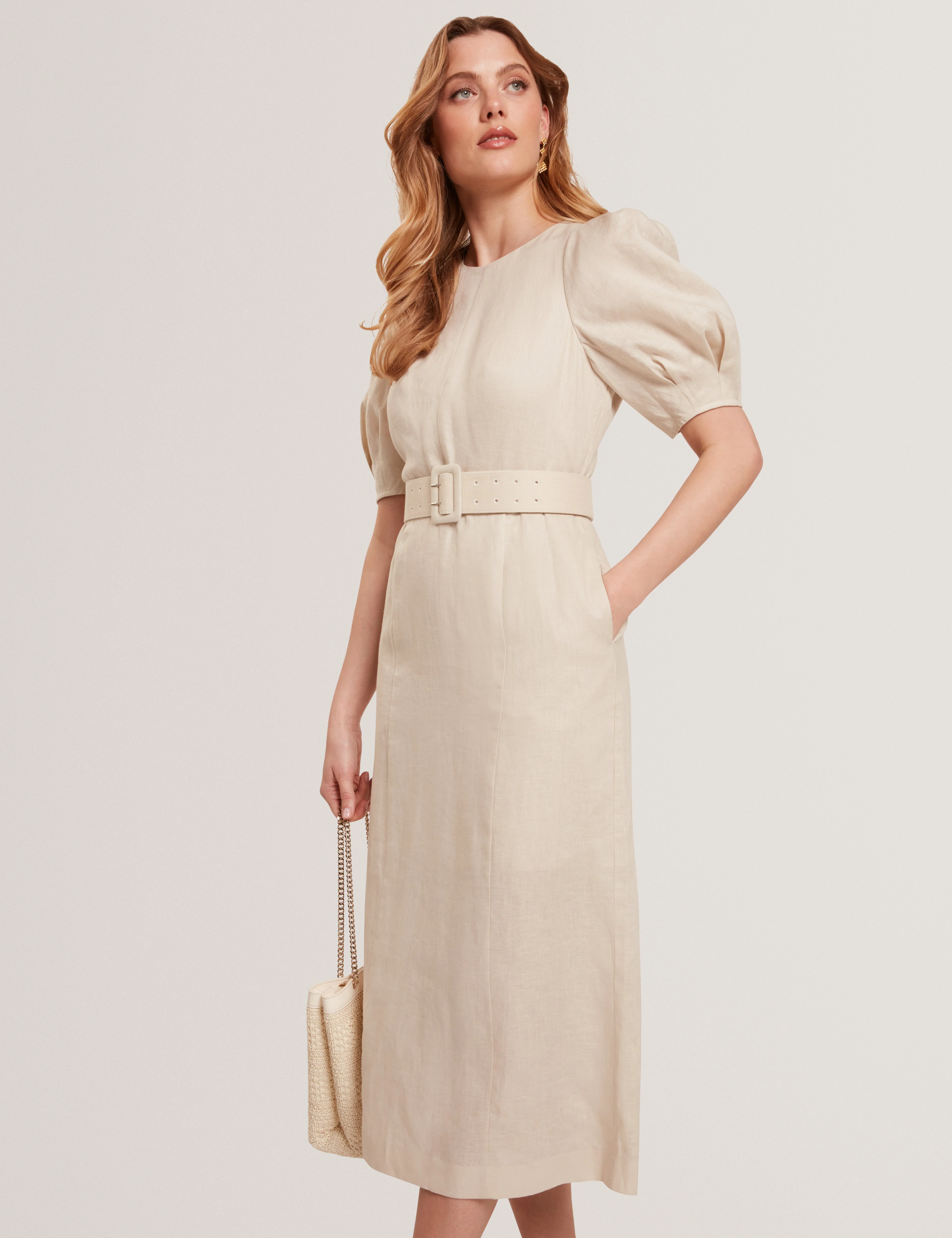 Rumbee Belted Puff Sleeve Midi Dress Natural - Image 2