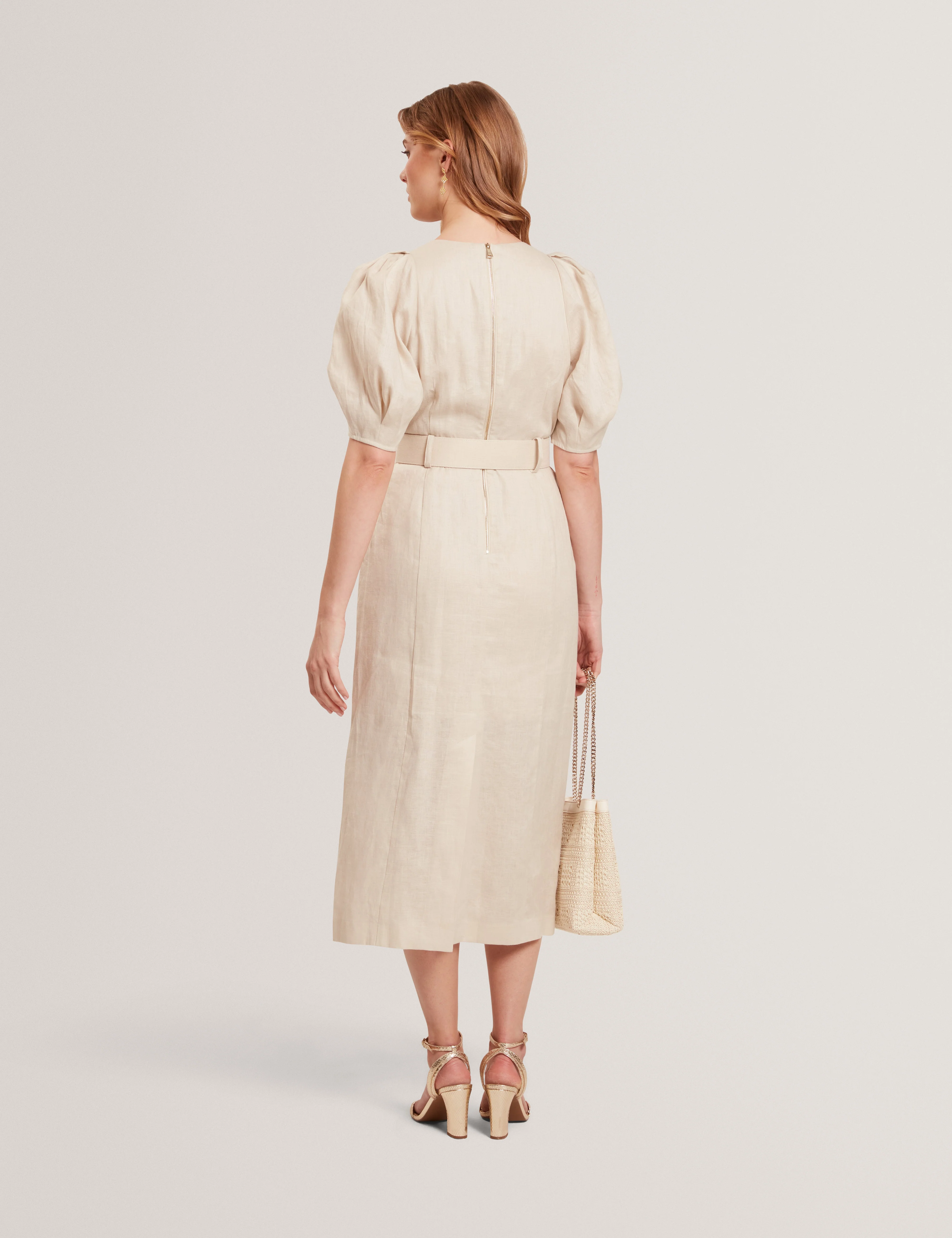 Rumbee Belted Puff Sleeve Midi Dress Natural - Image 4