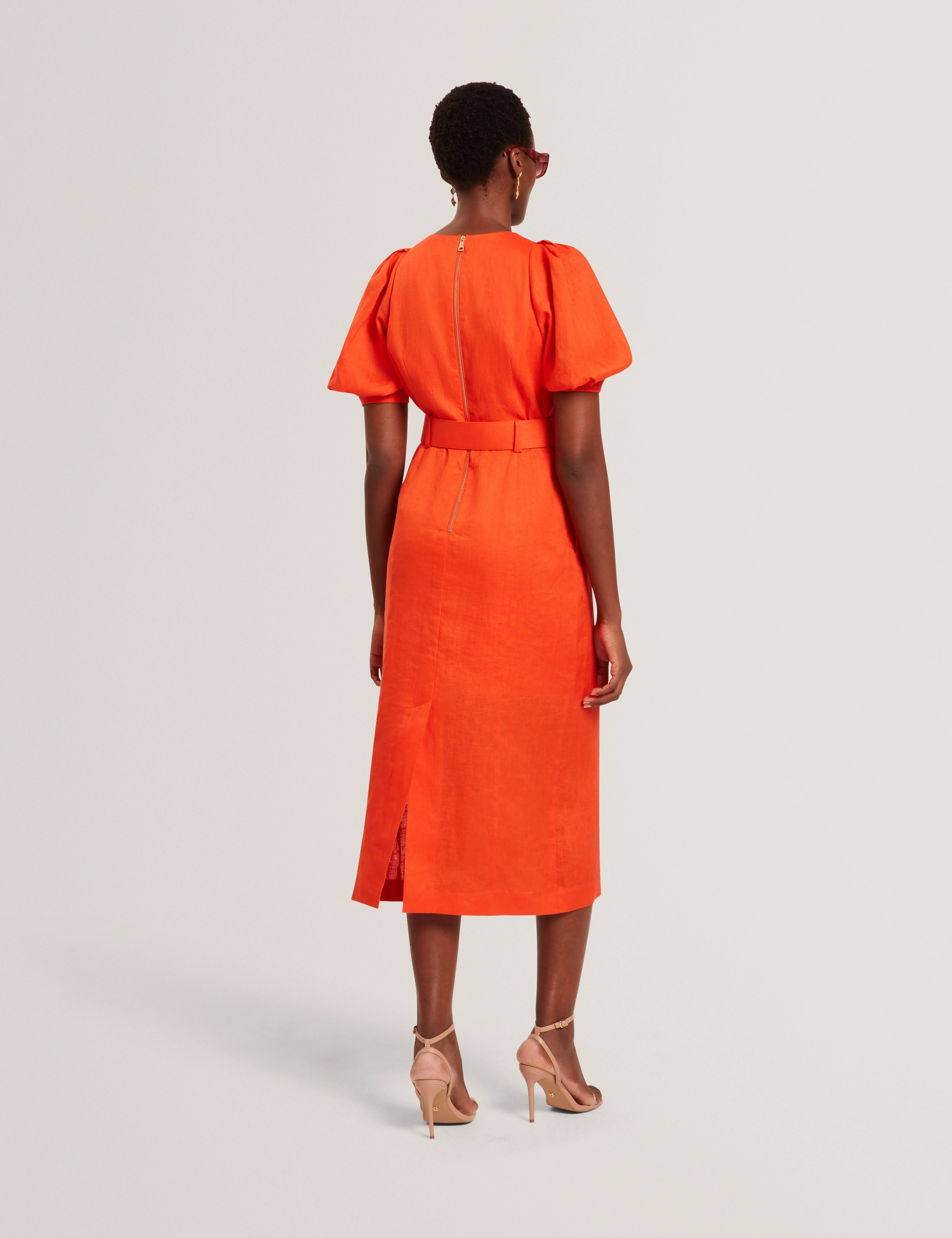 Rumbee Belted Puff Sleeve Midi Dress Orange - Image 4
